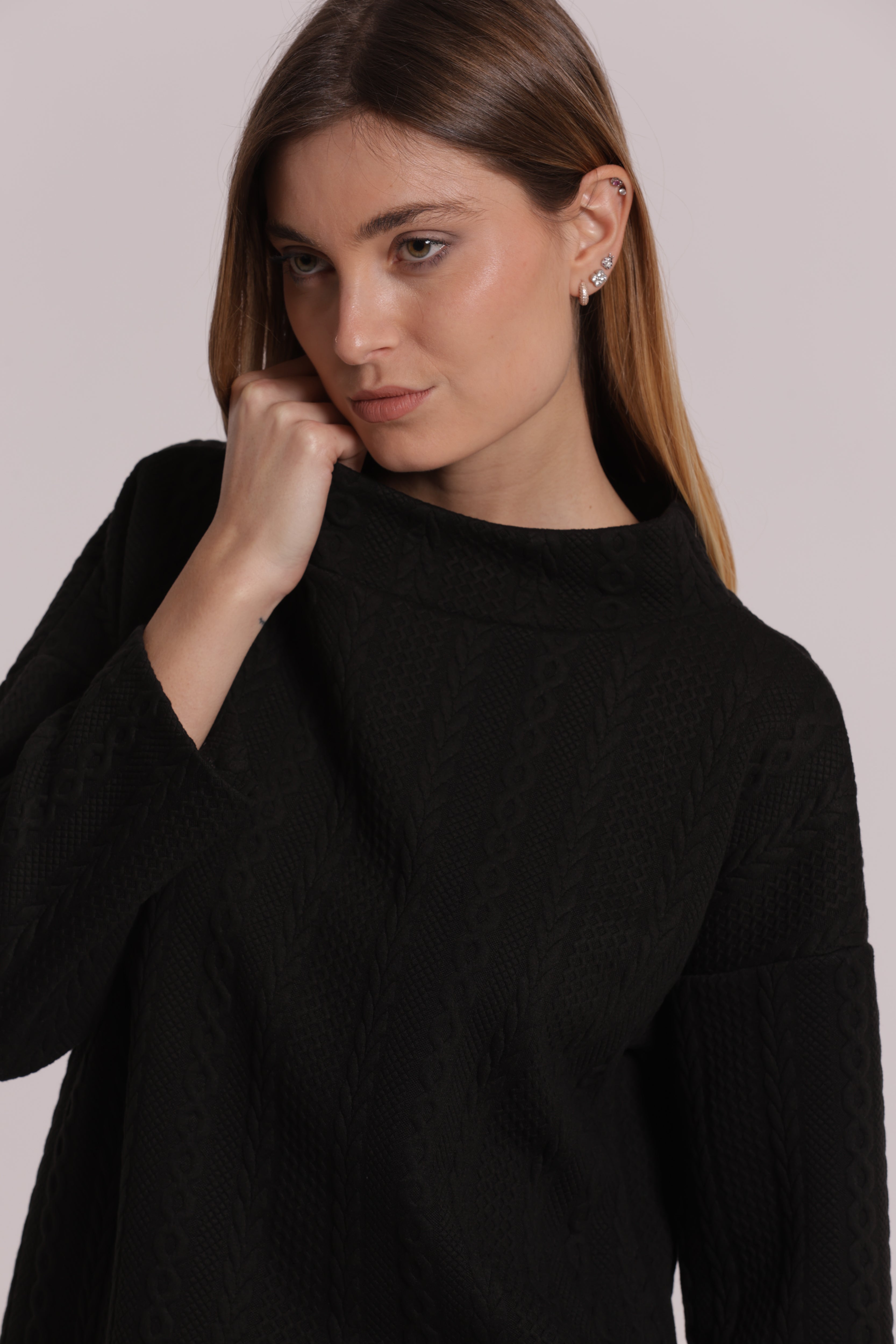 Mimi Mua Felpa Punto Milano Treccia Felpa Nero girocollo caldo
