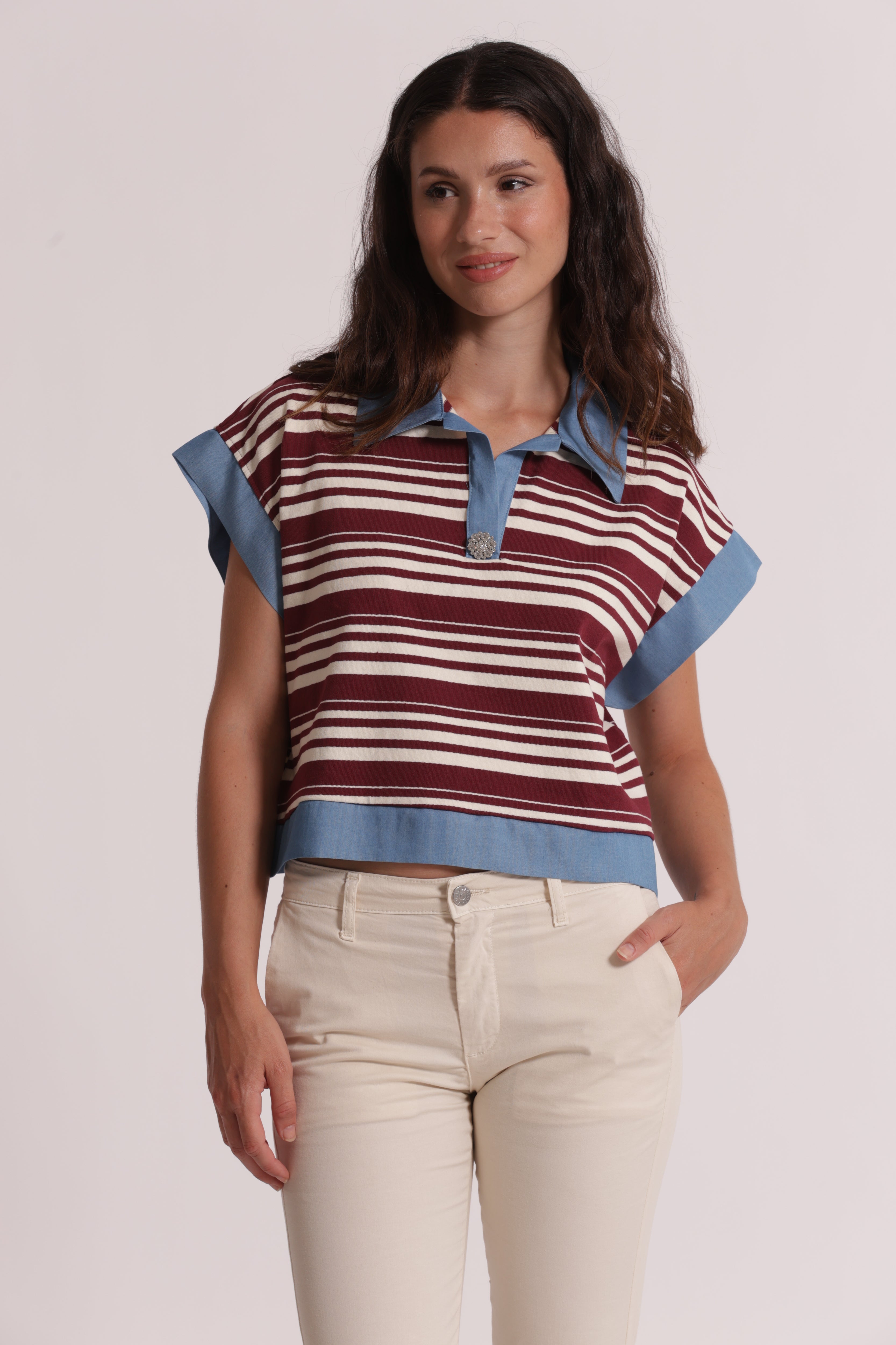 Mimi Mua T-Shirt Colletto Righe Denim Blu Panna