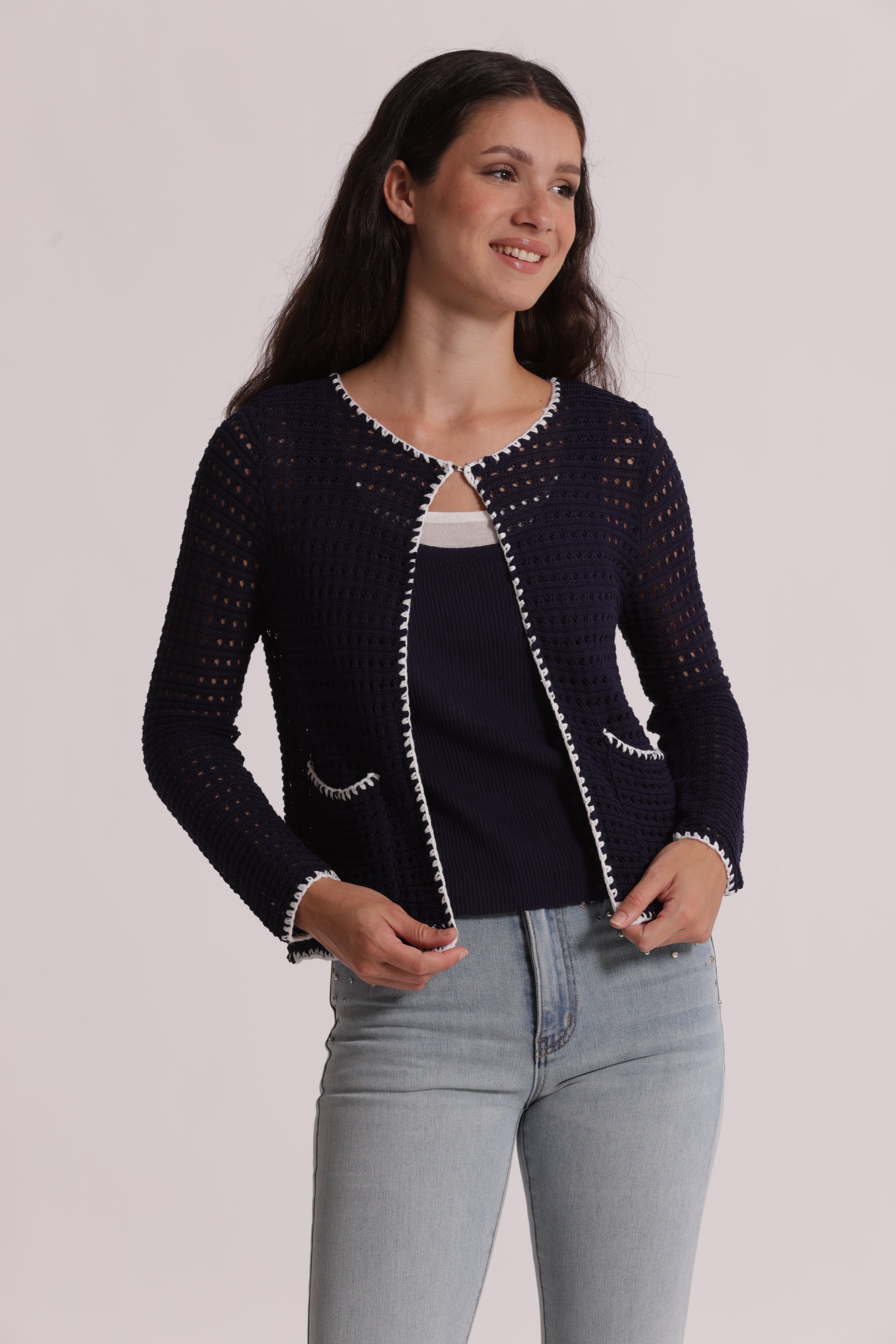Mimi Mua Cardigan Traforato Bicolor Blu/Bianco