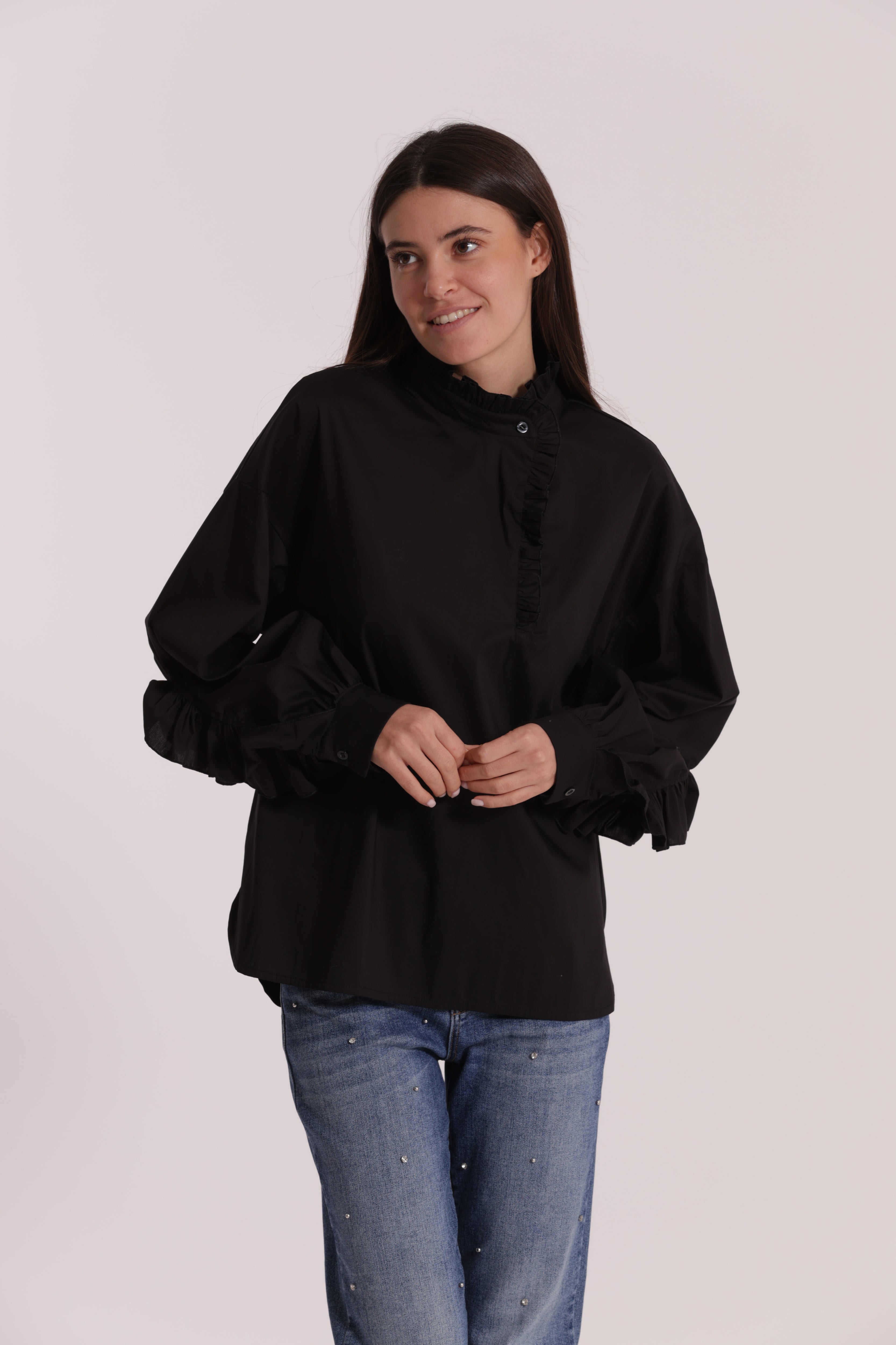 Mimi Mua blusa cotone rouches bianca con volant