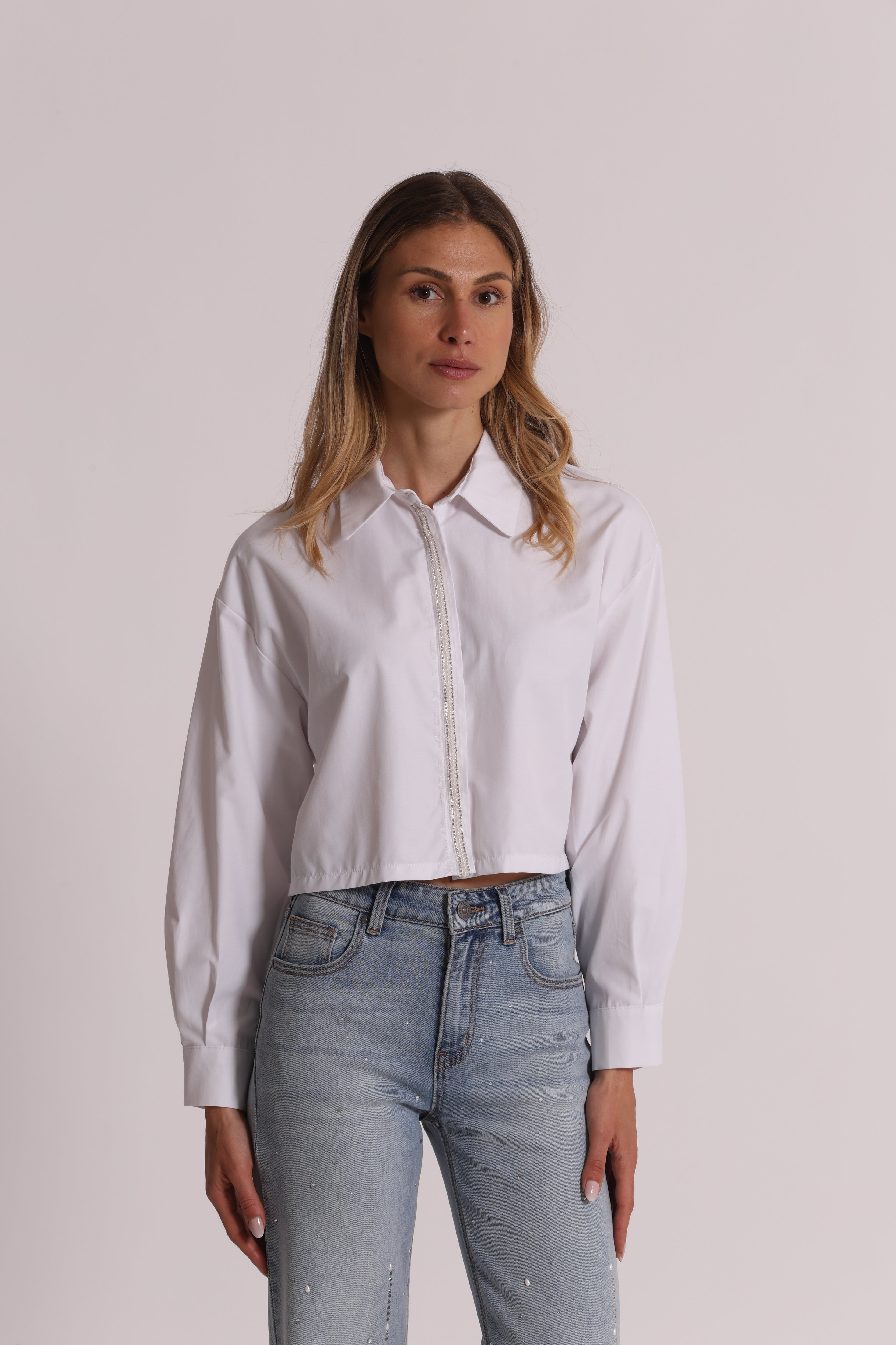 Mimi Mua Camicia Cropped Bianco Cotone Misto