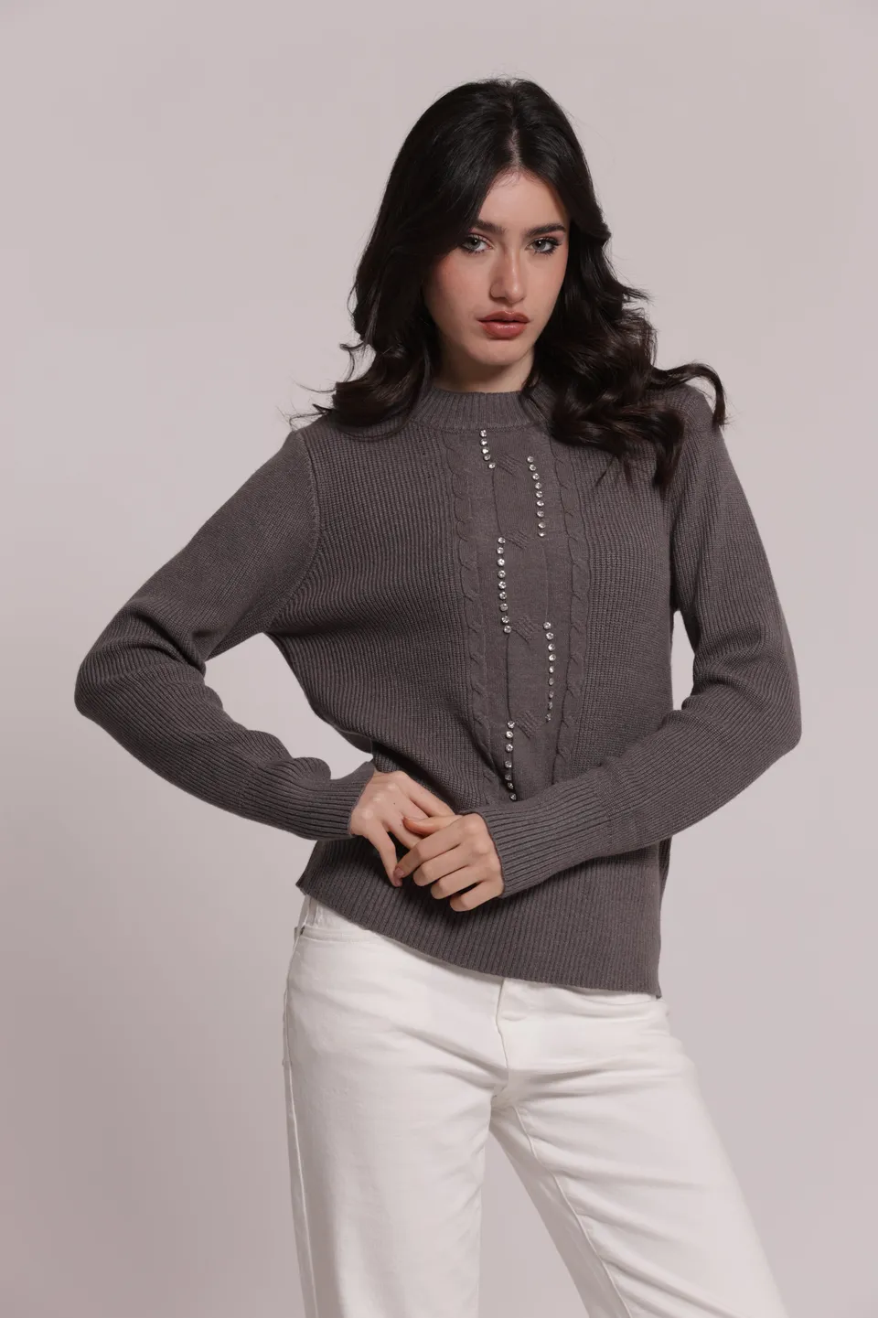 Mimi Mua Maglia Scollo Tondo Treccia maglia nera
