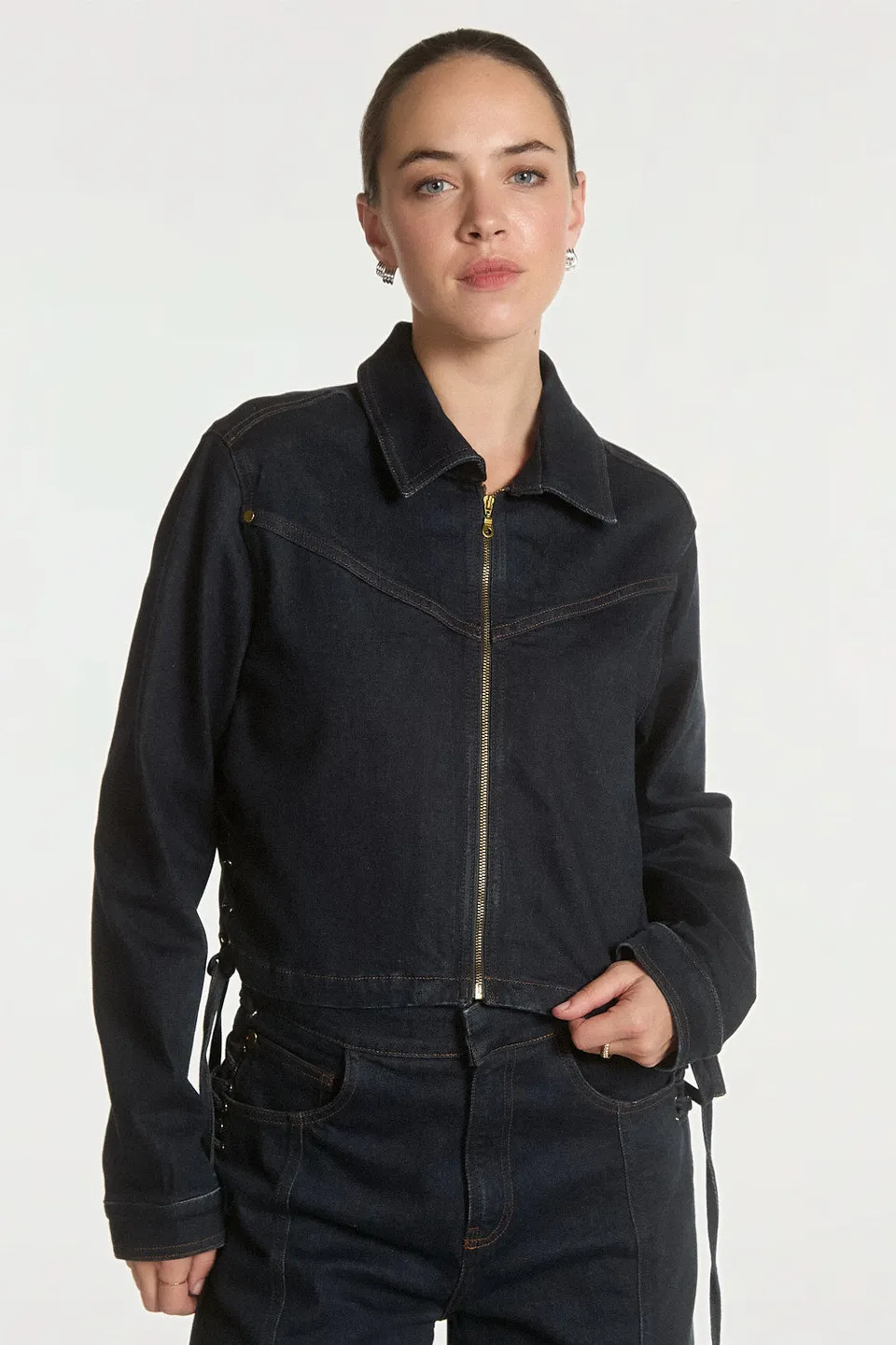 Aaiko Judith giacca jeans blu denim cropped con zip