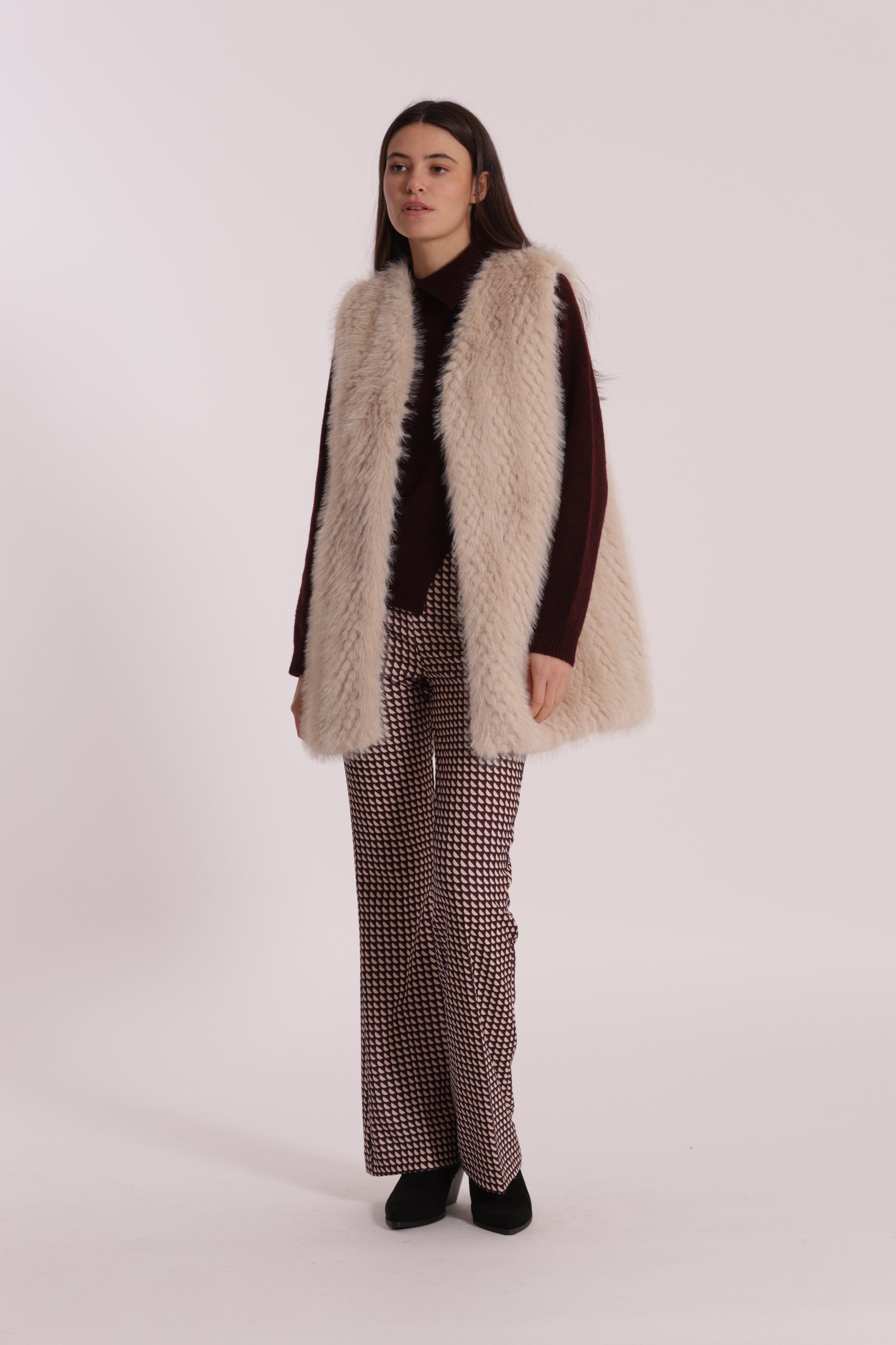 Mimi Mua Gilet Lungo Effetto Montone Beige