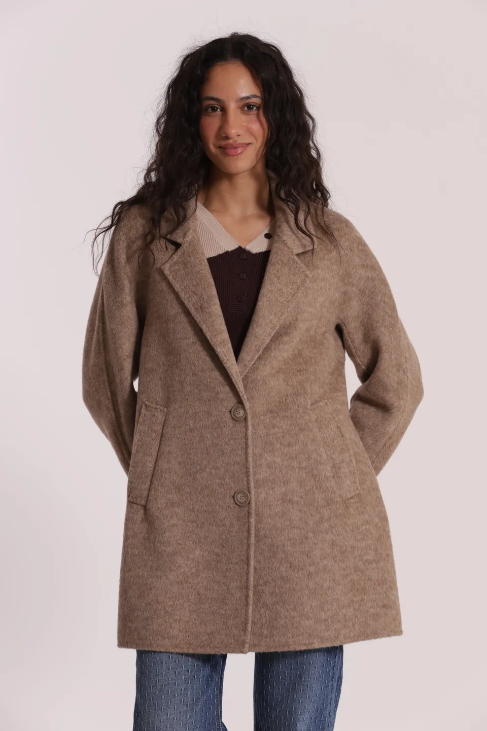 Mimi Mua Cappotto Corto Beige in misto lana