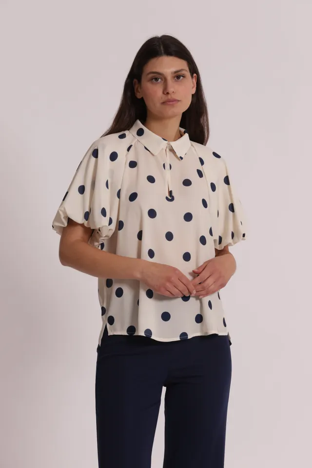 Mimi Mua Blusa Maniche Palloncino Pois Blu Panna