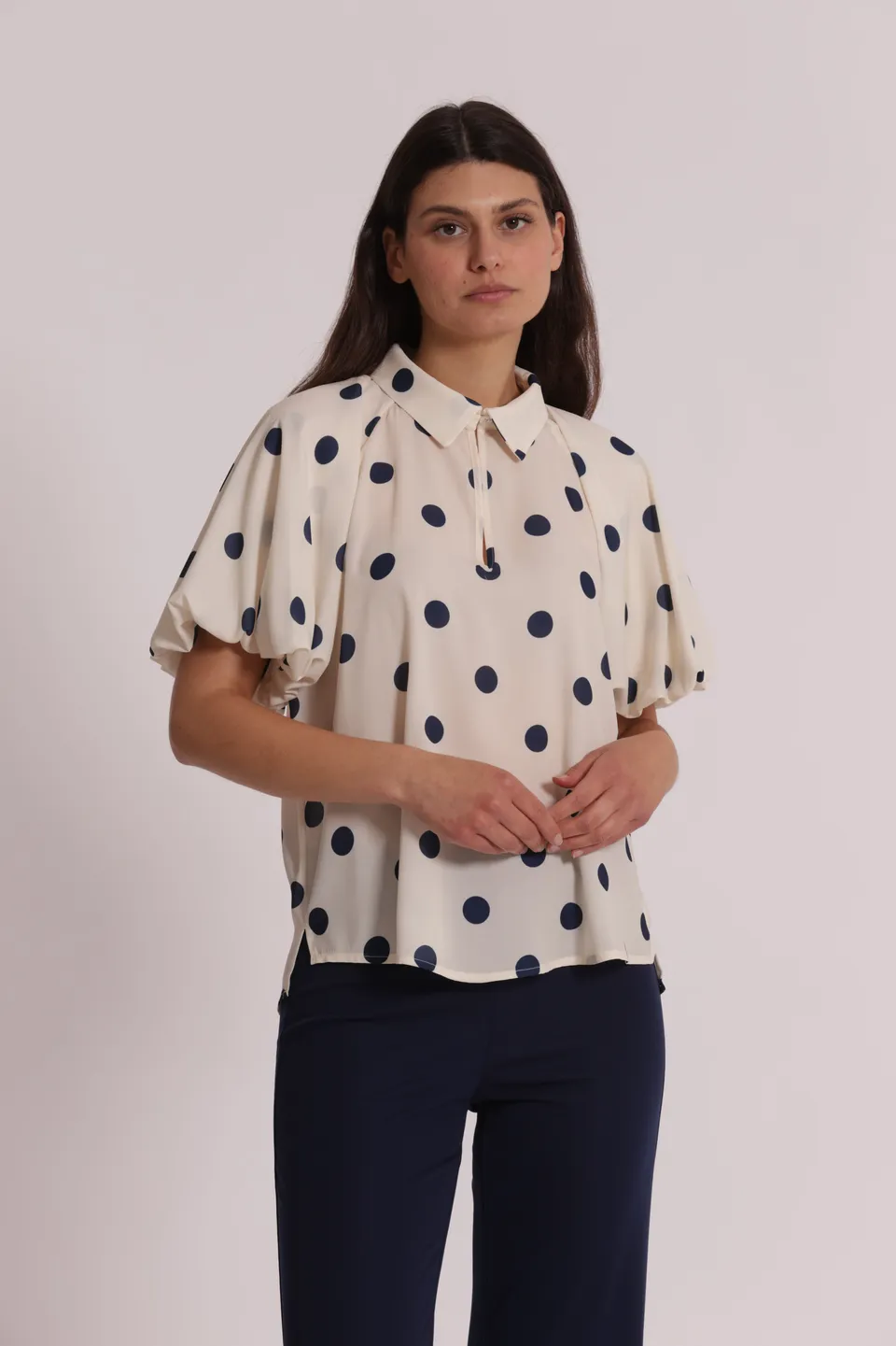 Mimi Mua Blusa Maniche Palloncino Pois Blu Panna