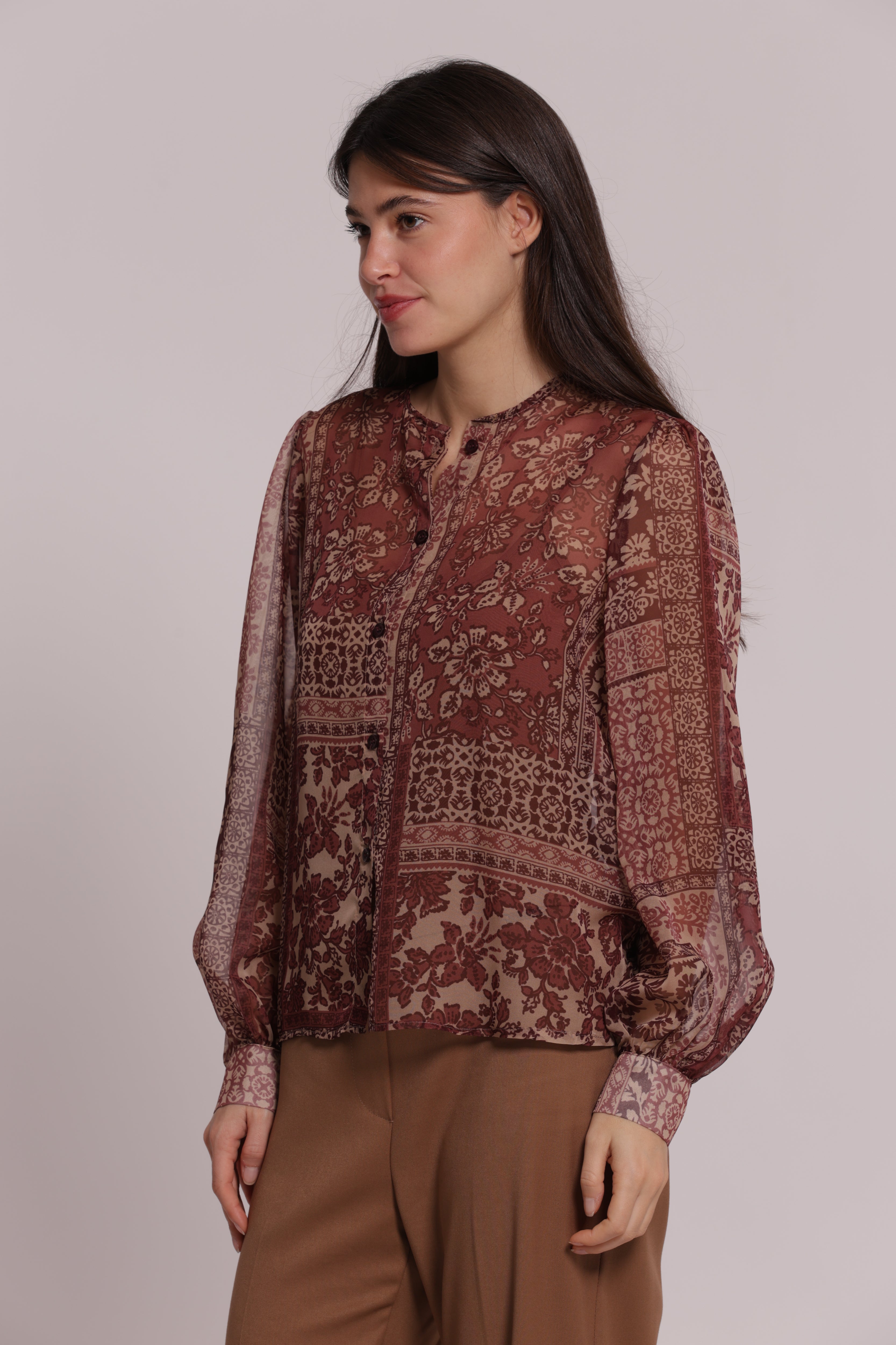 Mimi Mua Camicia senza colletto patchwork camicia cammello
