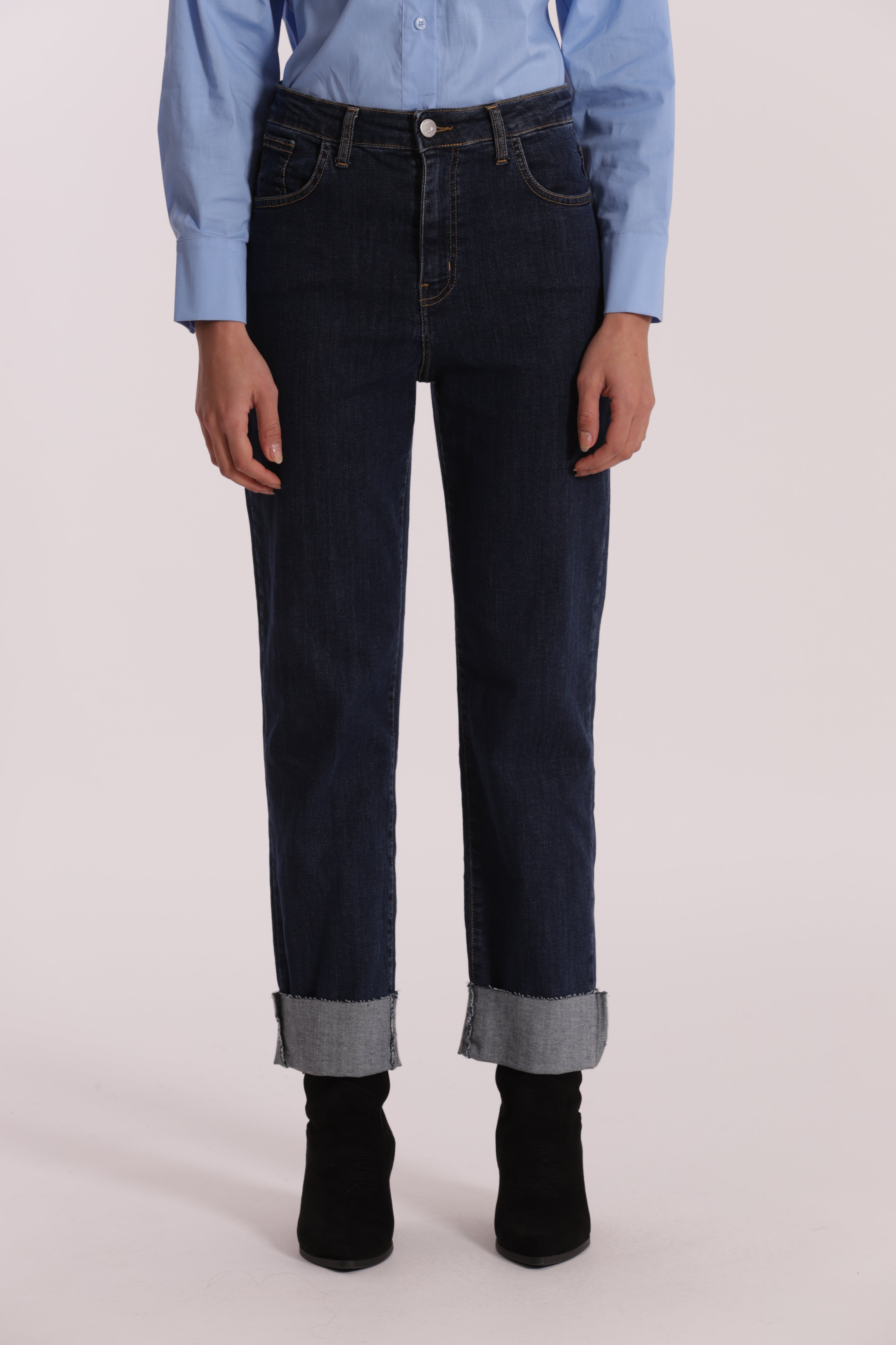 Mimi Mua jeans cropped con rivolto blu scuro cotone