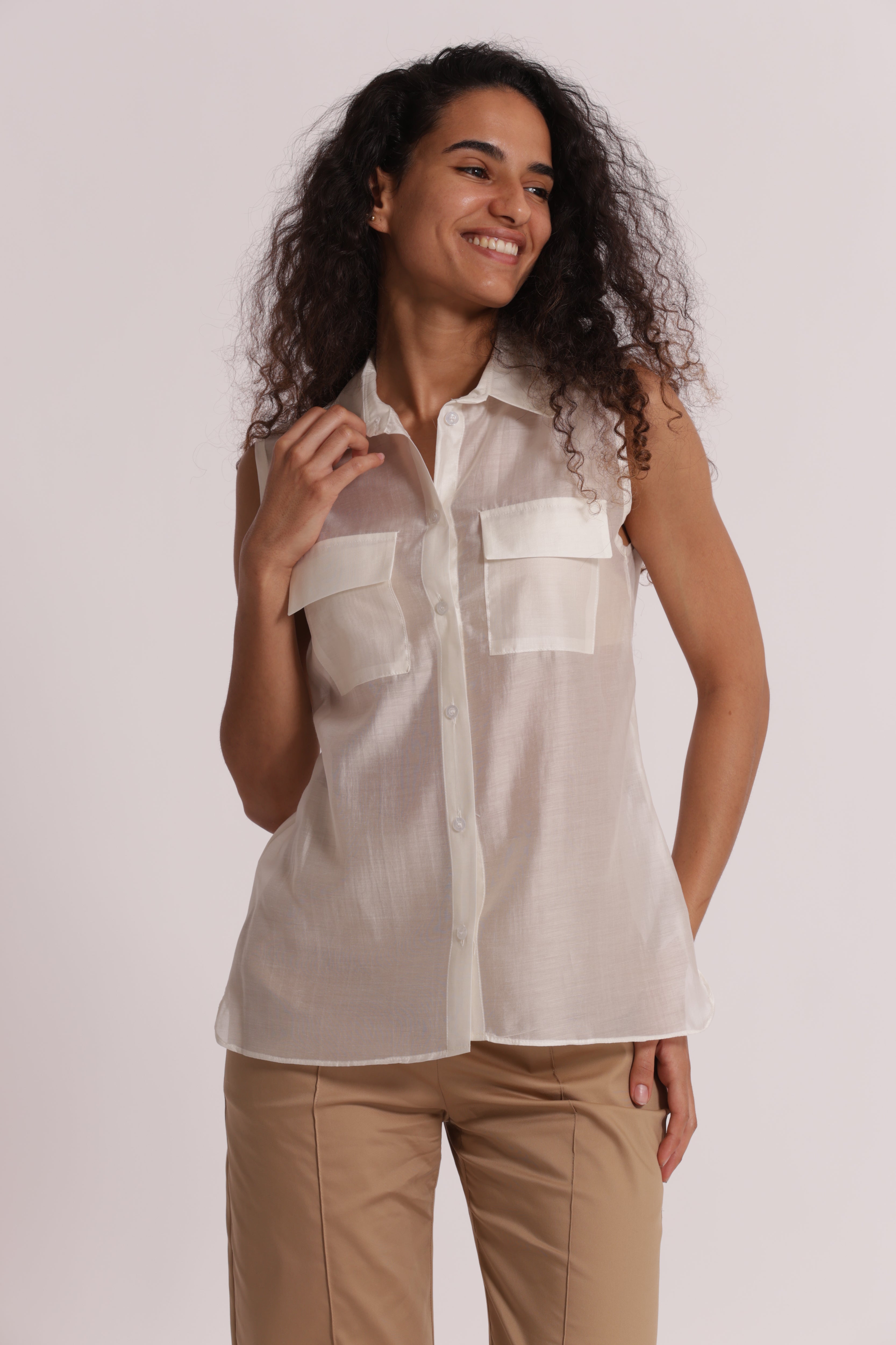 Mimi Mua Camicia Smanicata Tessuto Leggero Bianco