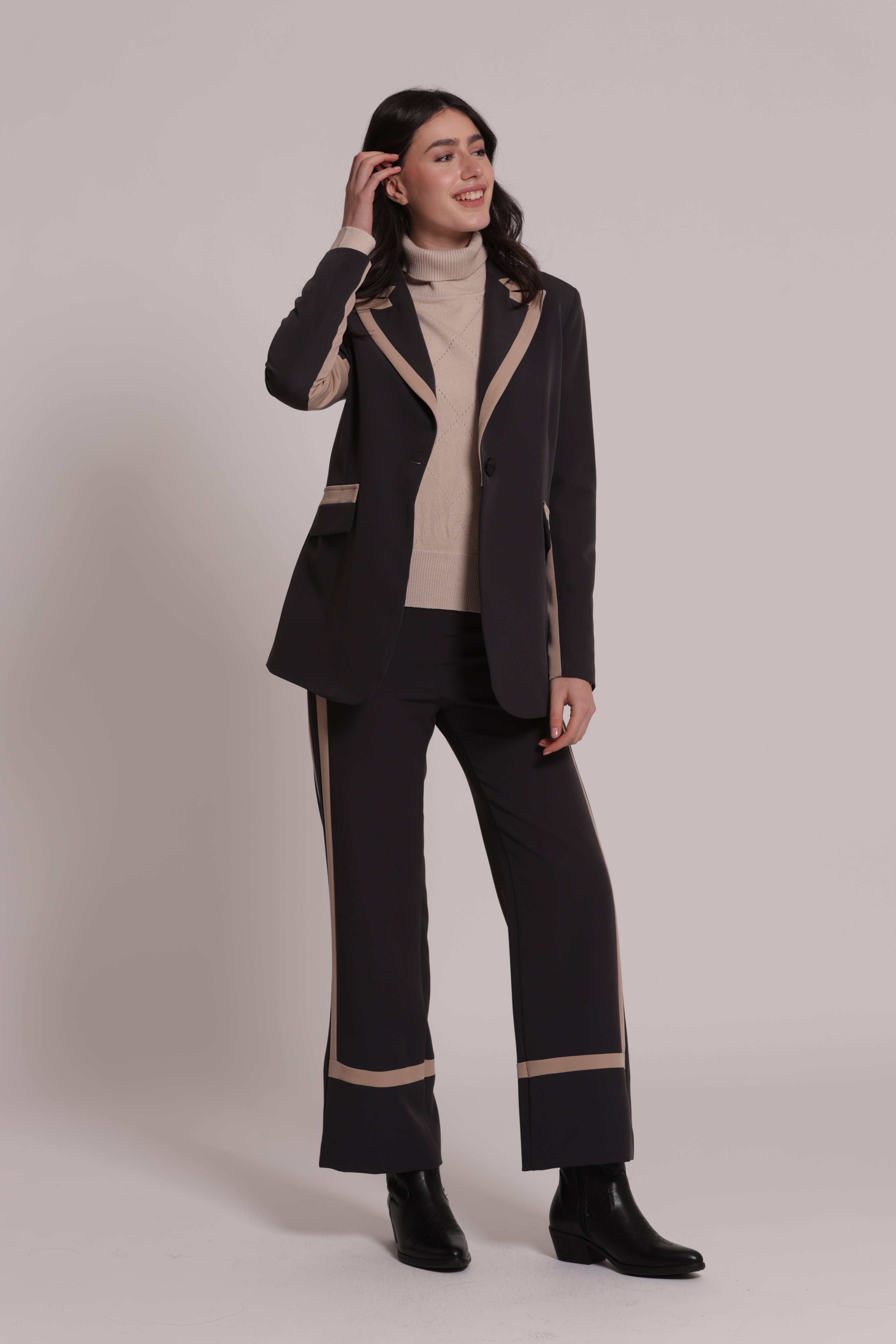 Mimi Mua Lunga Bicolor Tessuto Tecnico Giacca Nero/Beige
