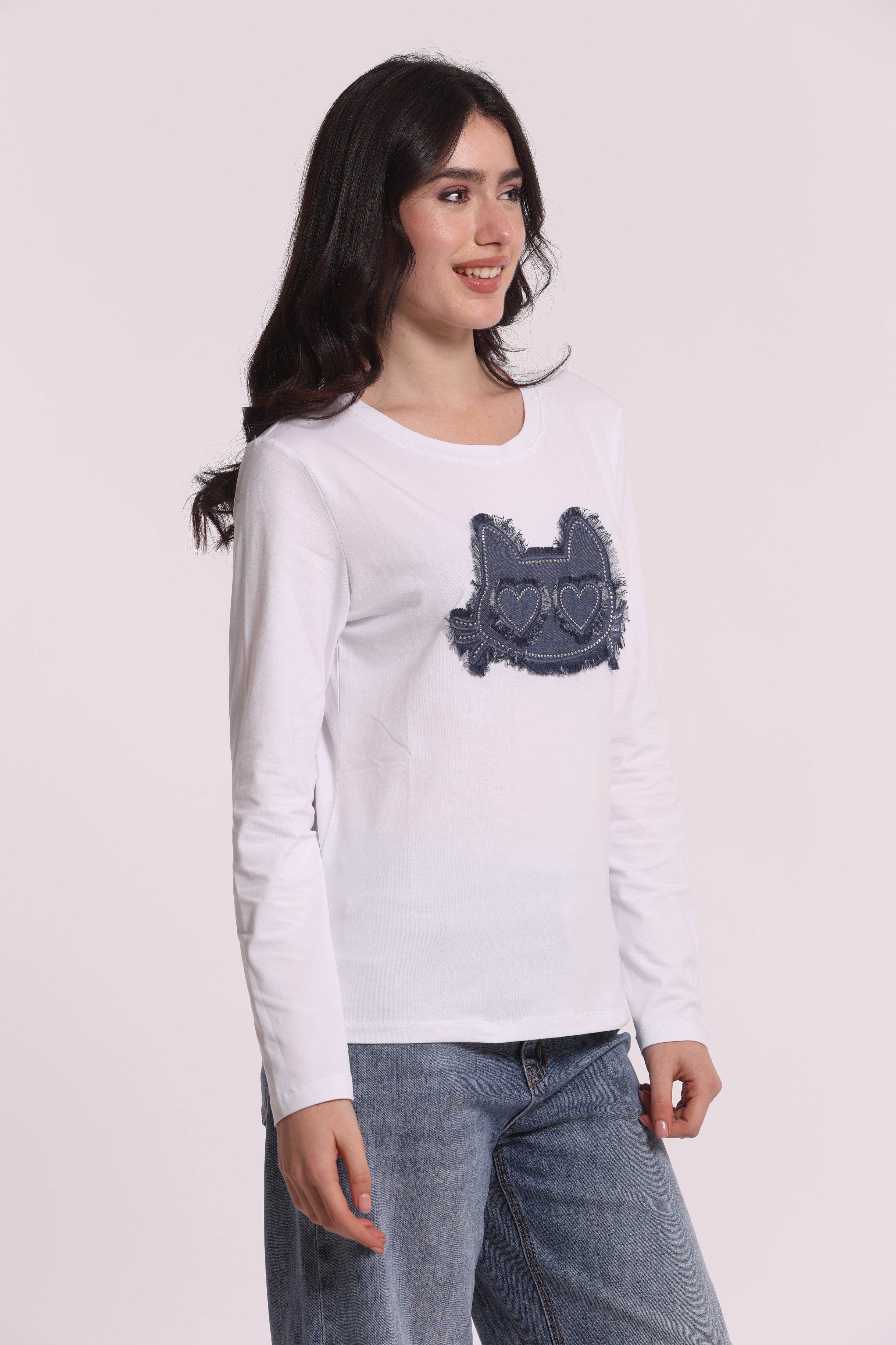 Mimi Mua T-Shirt Maniche Lunghe Gatto Denim Nera Cotone
