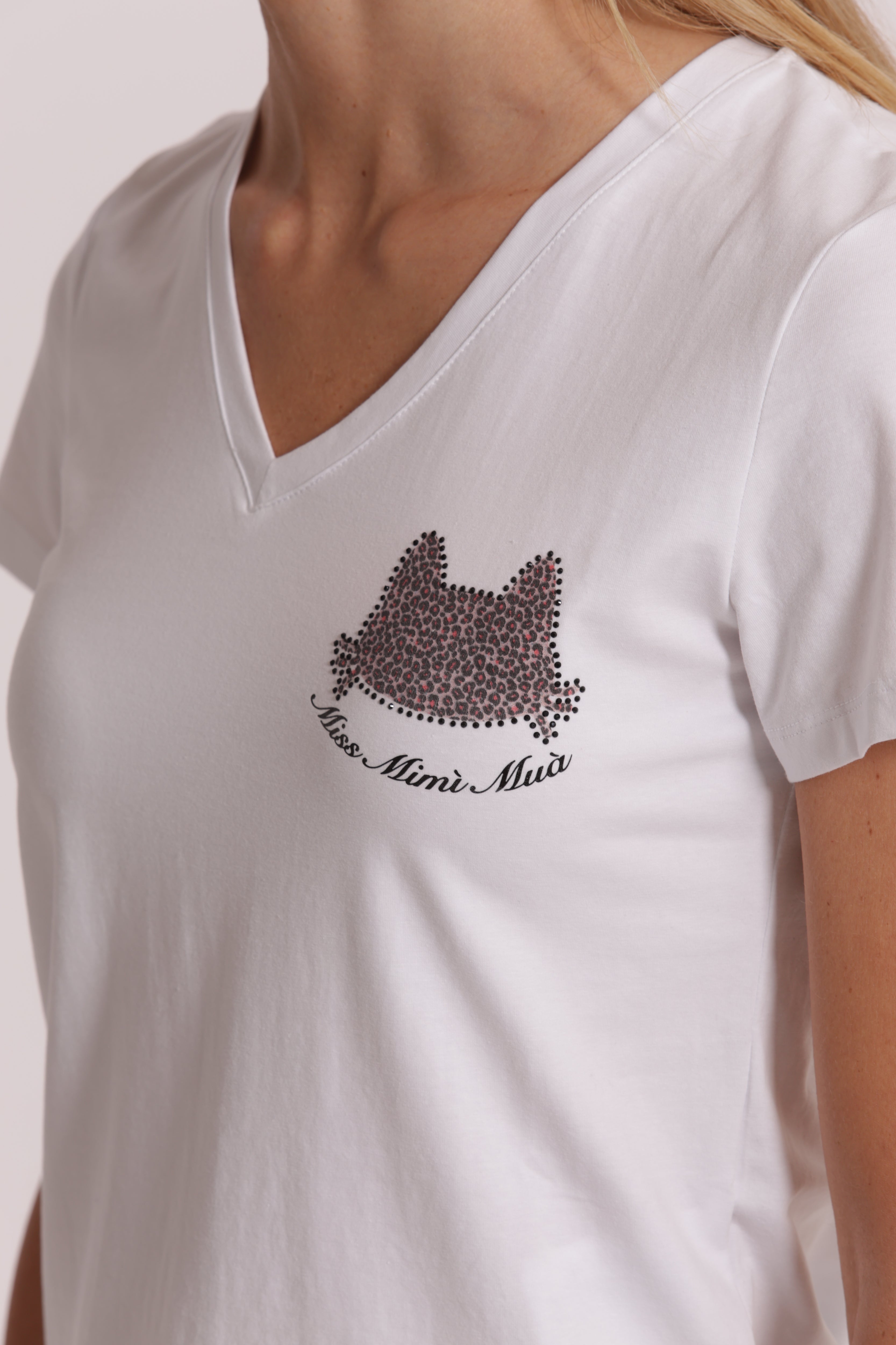 Mimi Mua T-Shirt Miss Gatto Zebrato Cotone Bianco