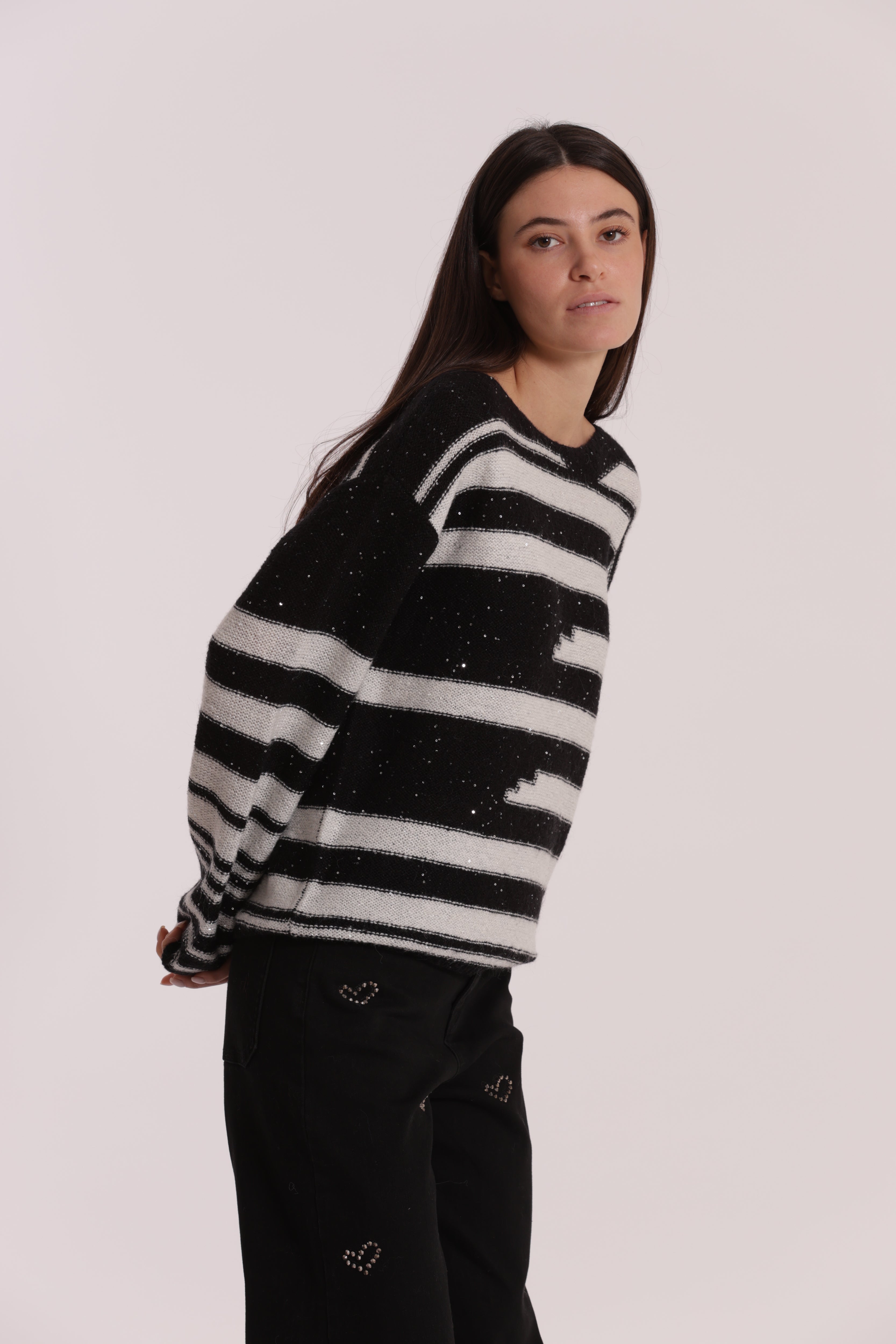 Mimi Mua Maglia a Righe e Paillettes Nero Bianco