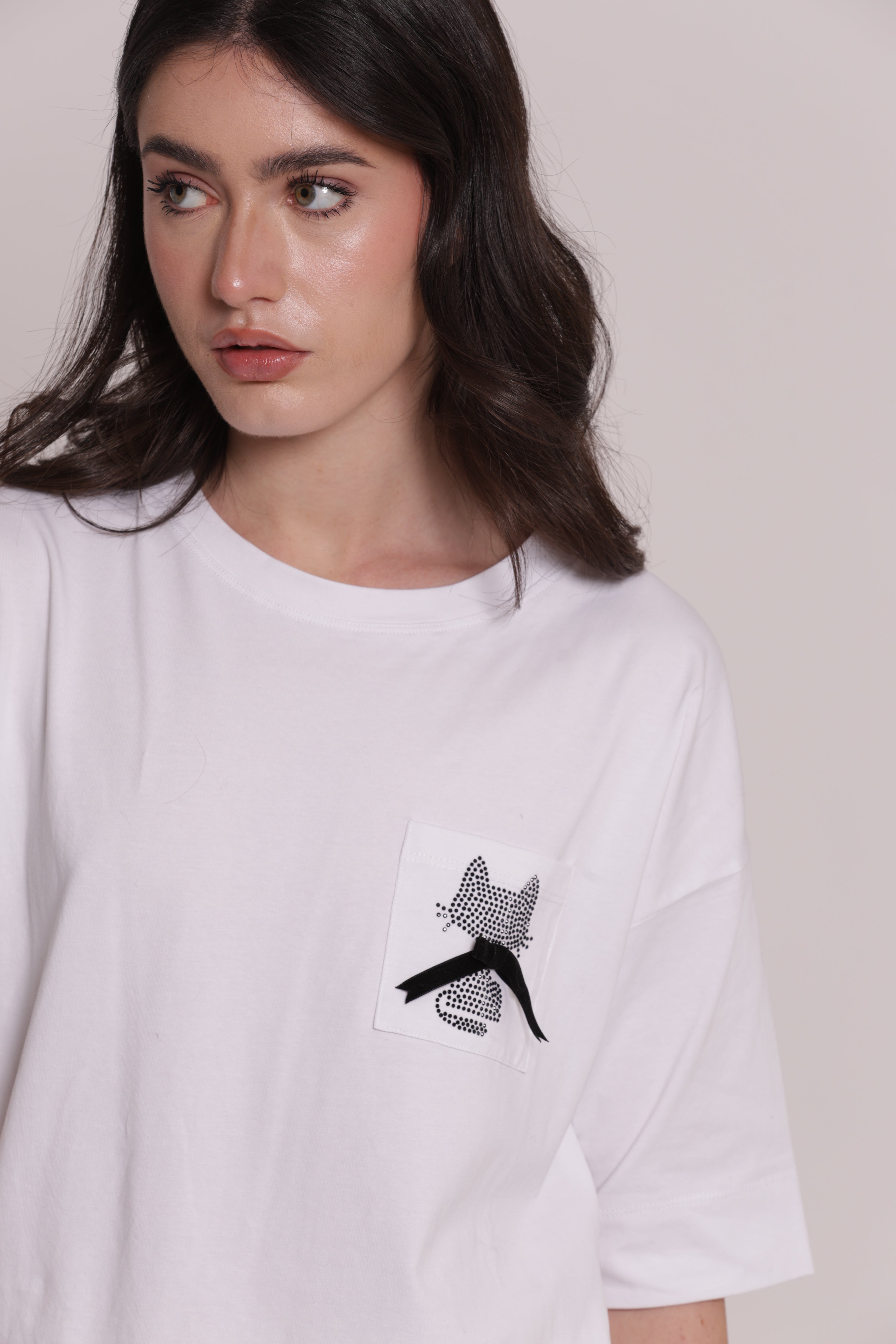 Mimi Mua T-Shirt Taschino Gatto Strass bianco cotone