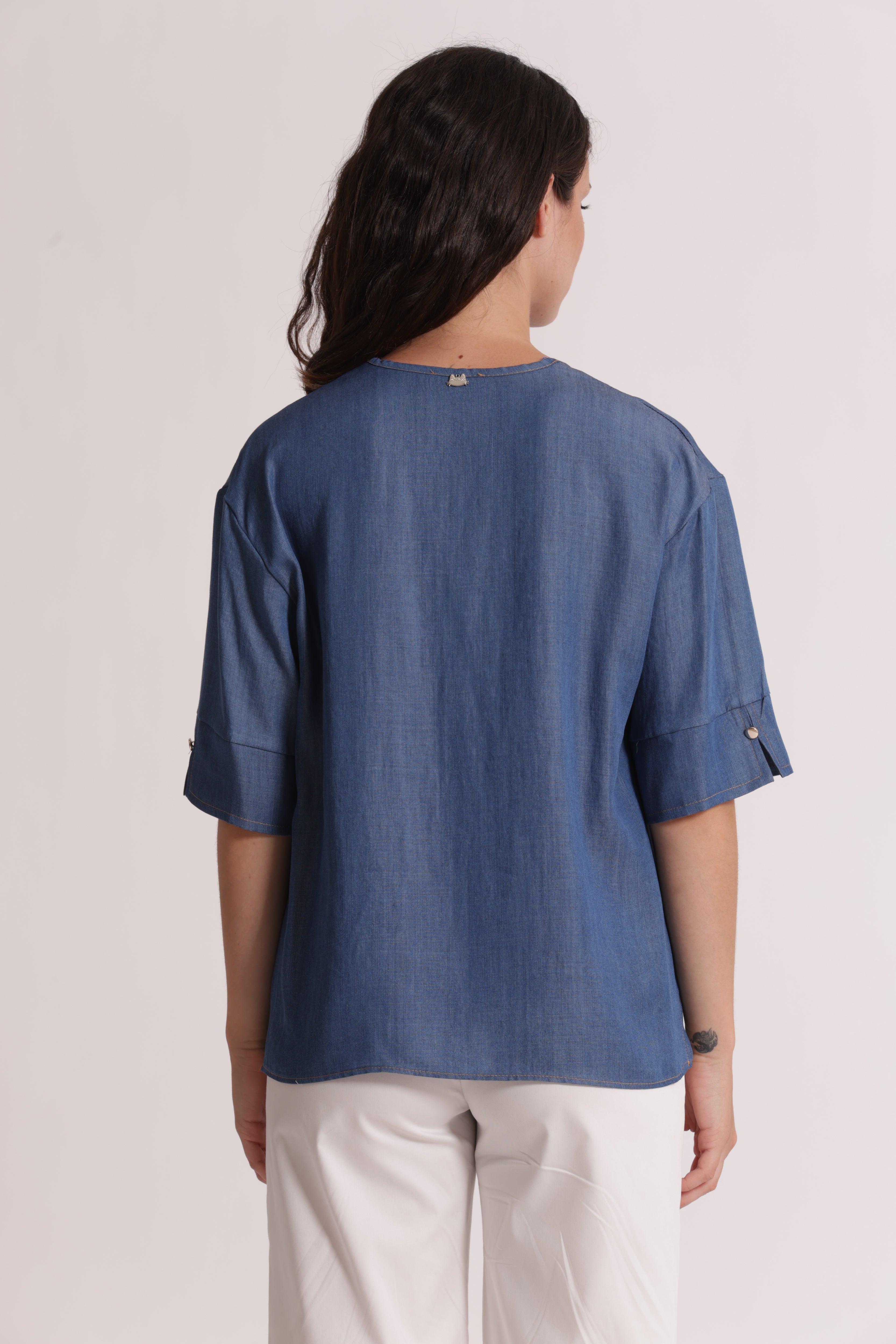 Mimi Mua Blusa Maniche Corte Denim Lyocell