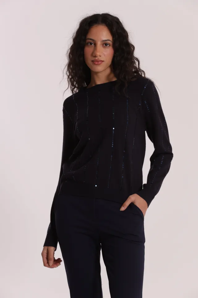 Mimi Mua Maglia Scollo Tondo Paillettes Nero