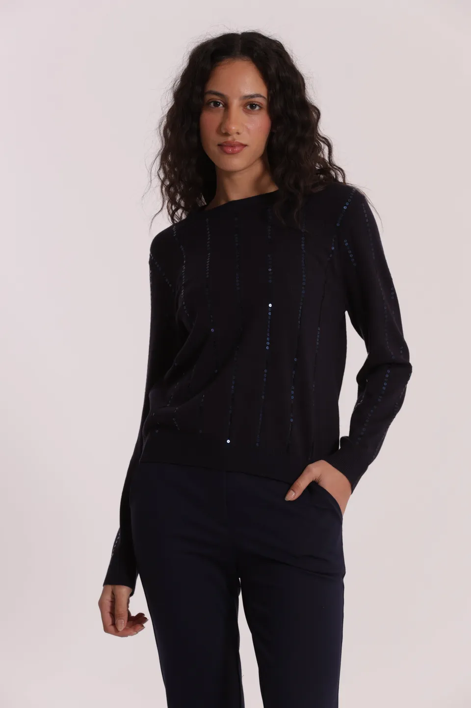 Mimi Mua Maglia Scollo Tondo Paillettes Nero