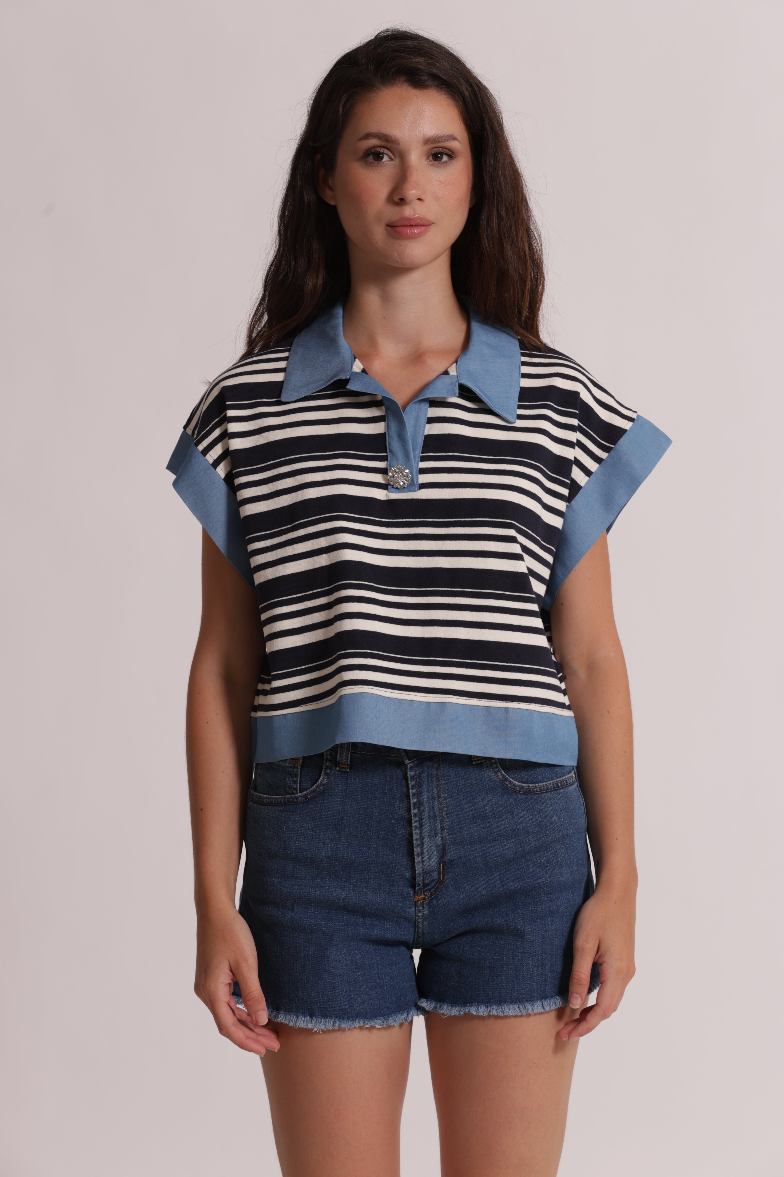 Mimi Mua T-Shirt Colletto Righe Denim Blu Panna