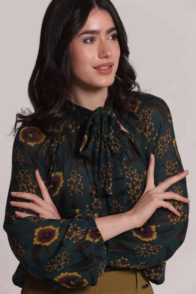 Mimi Mua Blusa Fiocco Ampio Verde Till Floreale Vintage