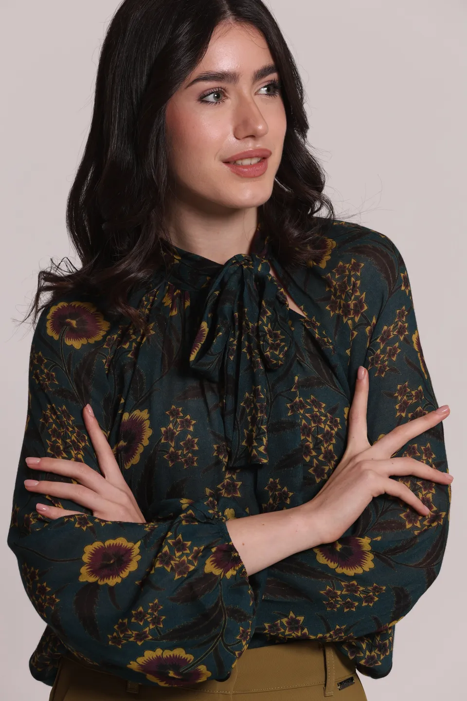 Mimi Mua Blusa Fiocco Ampio Verde Till Floreale Vintage