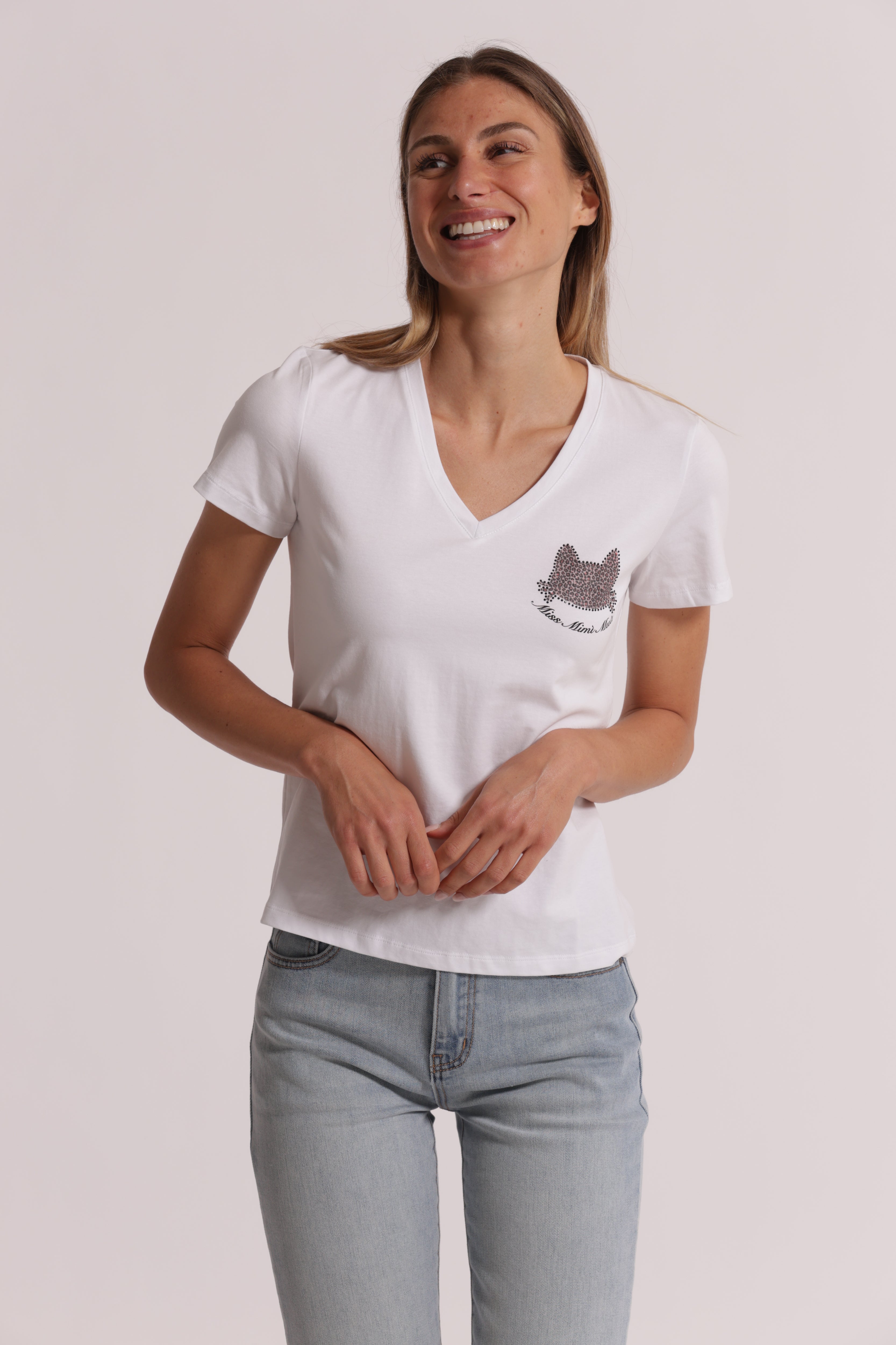 Mimi Mua T-Shirt Miss Gatto Zebrato Cotone Bianco