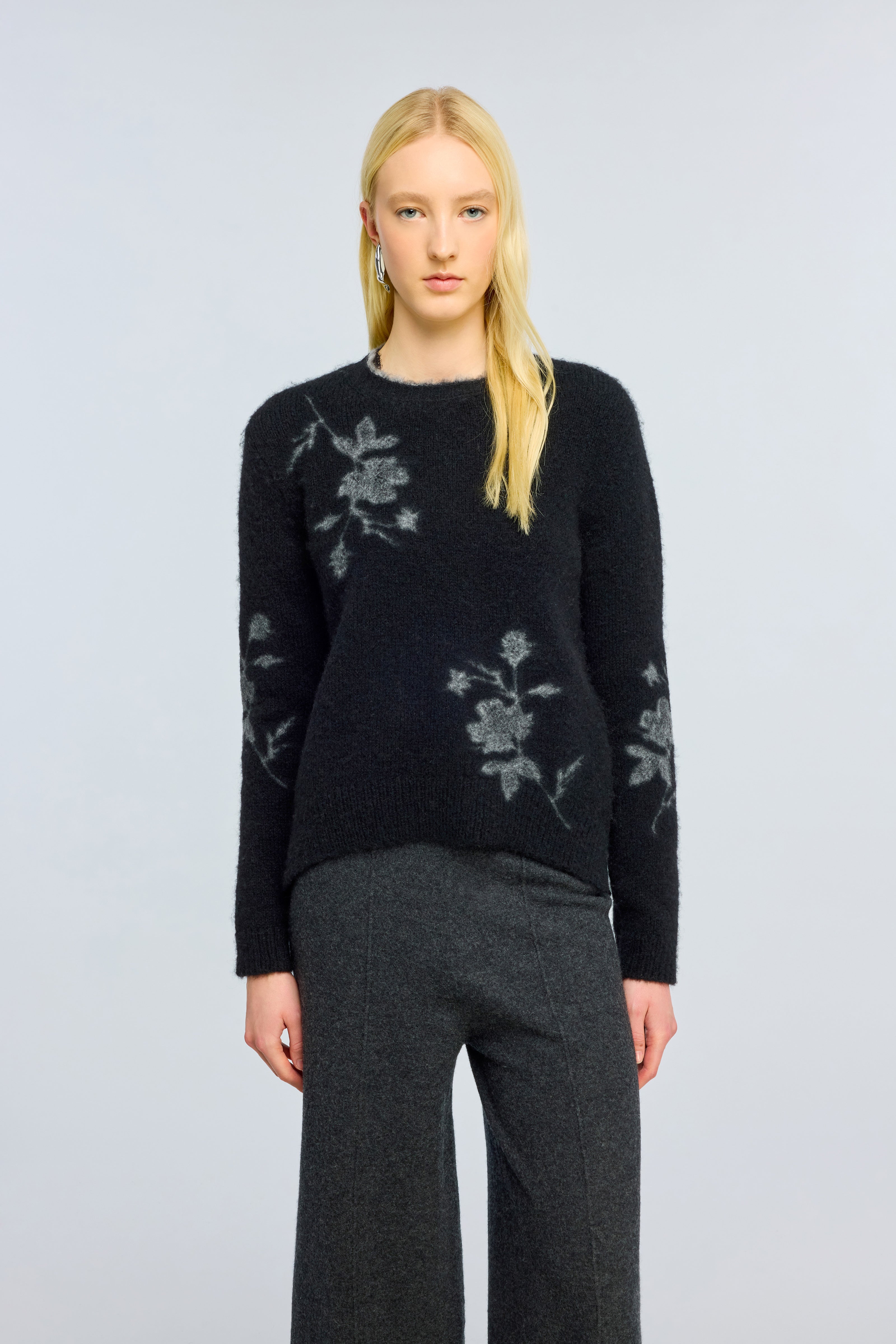 Semicouture Elisa Maglia Jacquard Nero Fiore Grigio Floreale