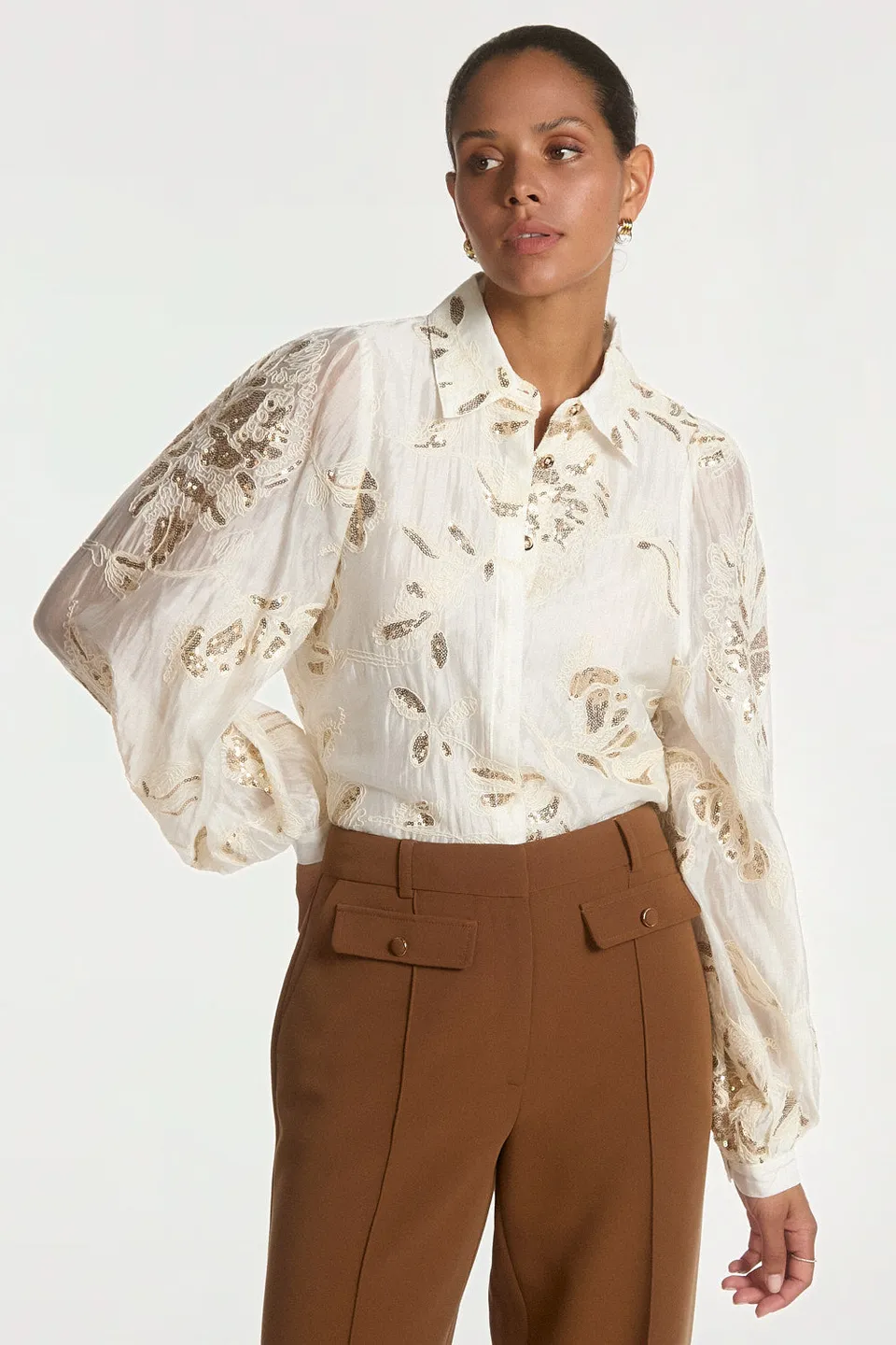 Aaiko Rose camicia crema con paillettes floreali