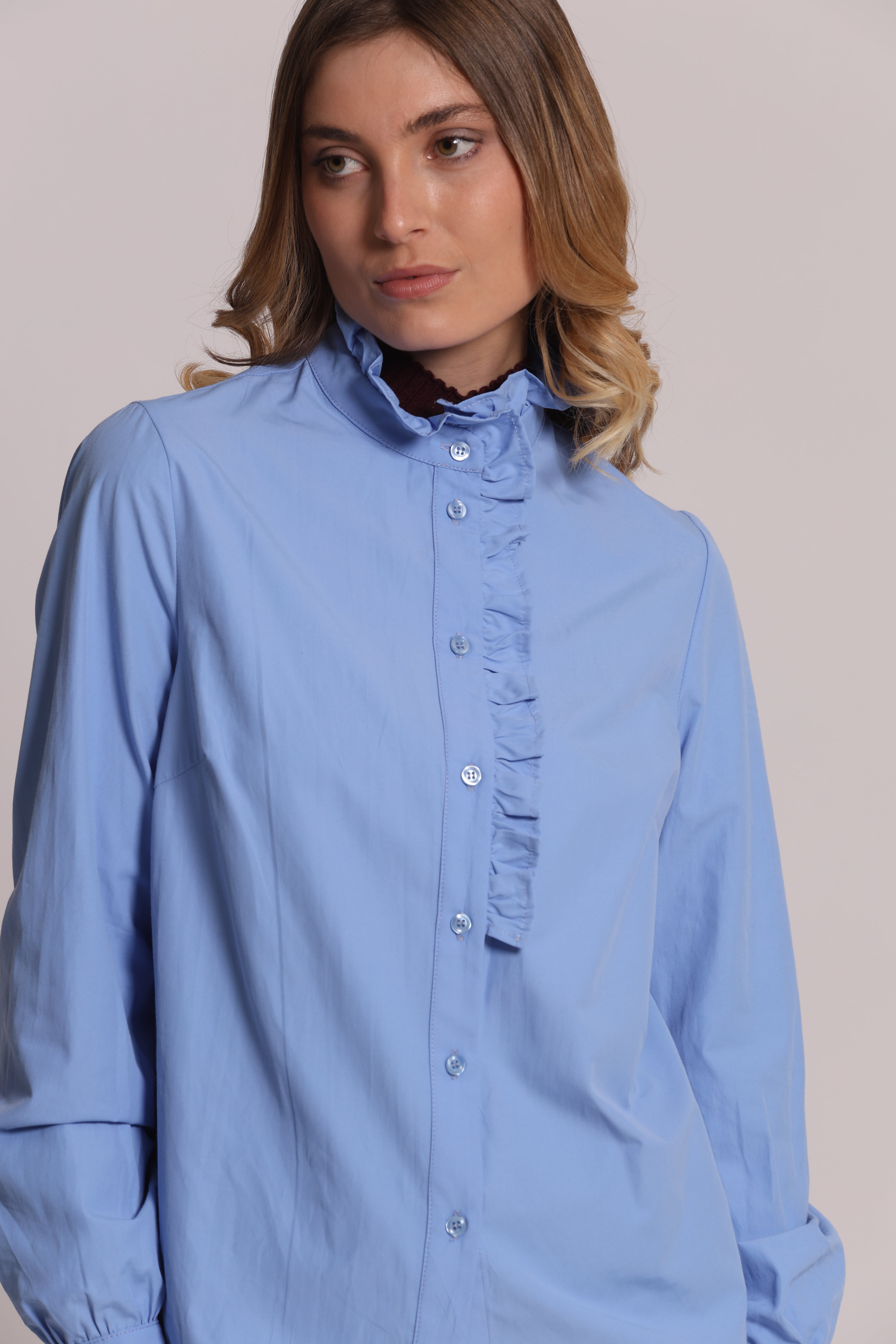 Mimi Mua Camicia Rouches Collo Bianco cotone