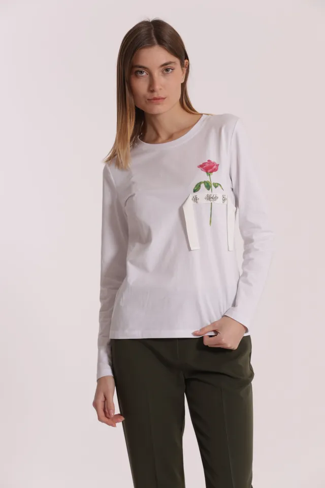 Mimi Mua t-shirt con rosa cotone bianco
