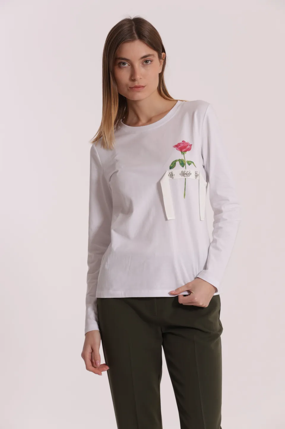 Mimi Mua t-shirt con rosa cotone bianco
