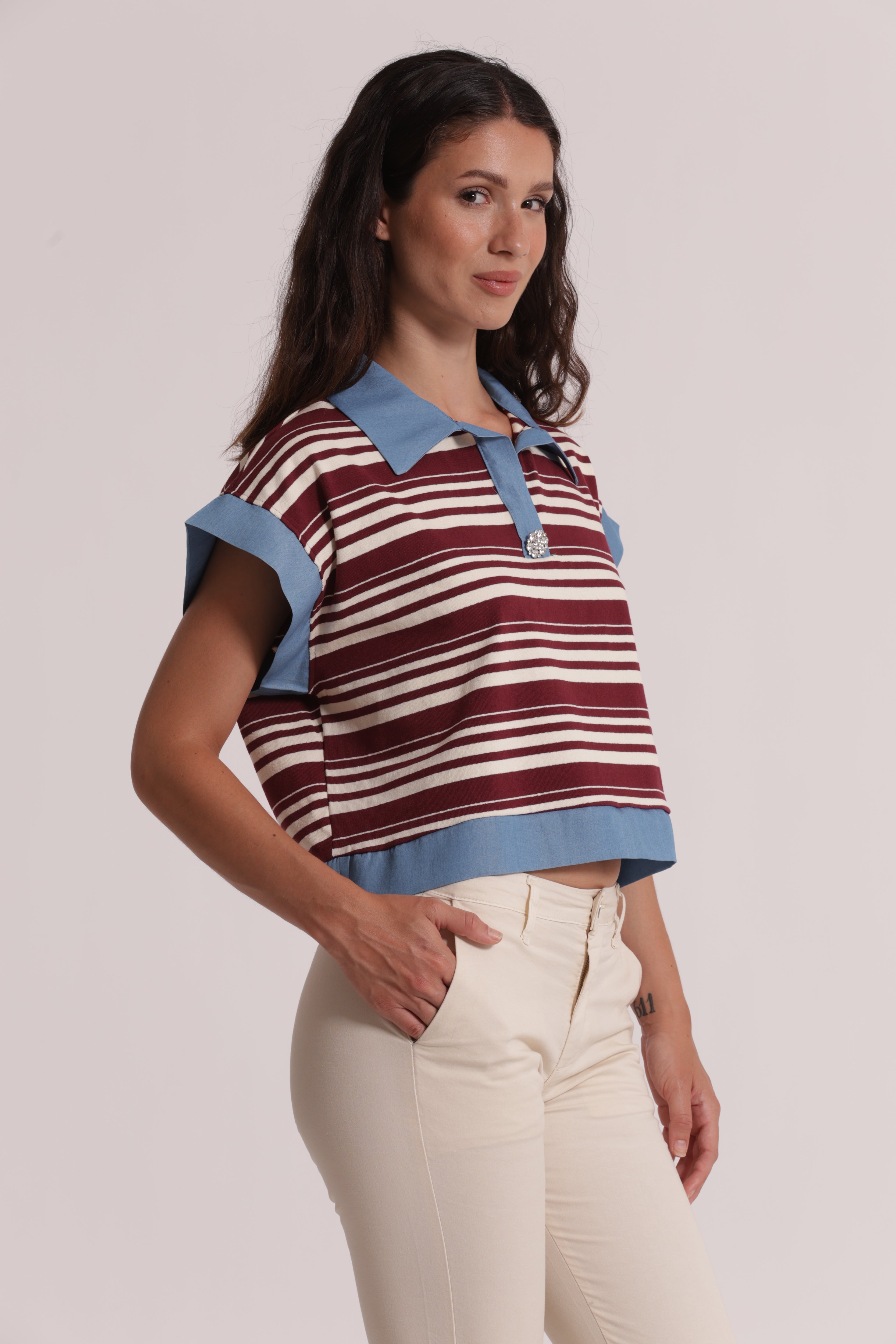 Mimi Mua T-Shirt Colletto Righe Denim Blu Panna