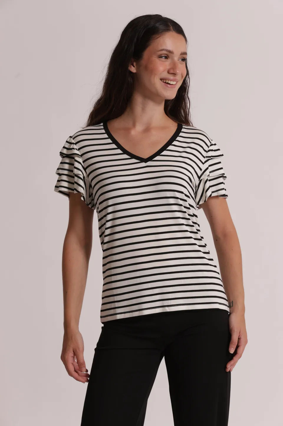 Mimi Mua T-Shirt Righe Maniche Volant Nero/Bianco Cotone