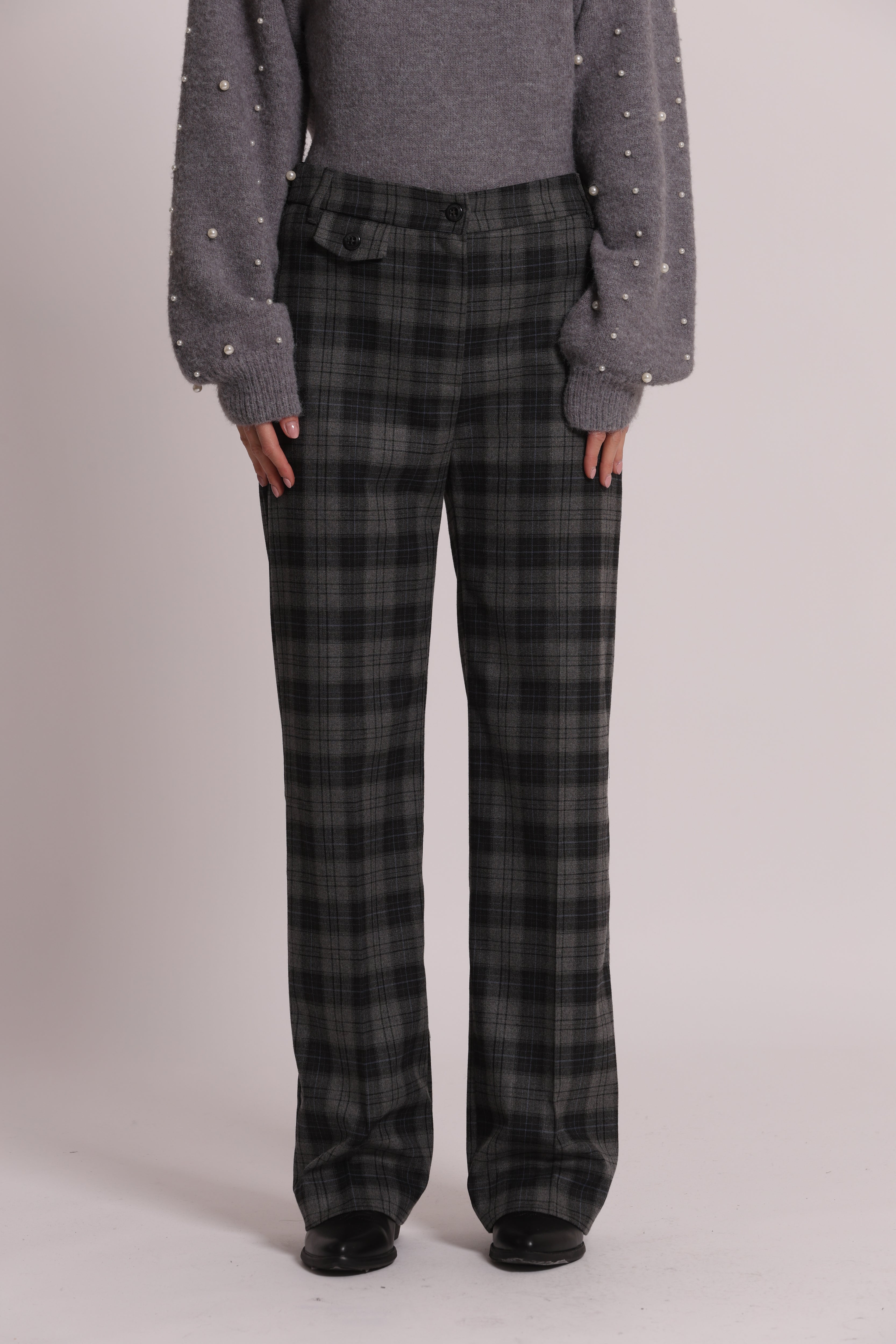 Mimi Mua Pantalone Palazzo Check Pantaloni Grigio Elastico Dietro