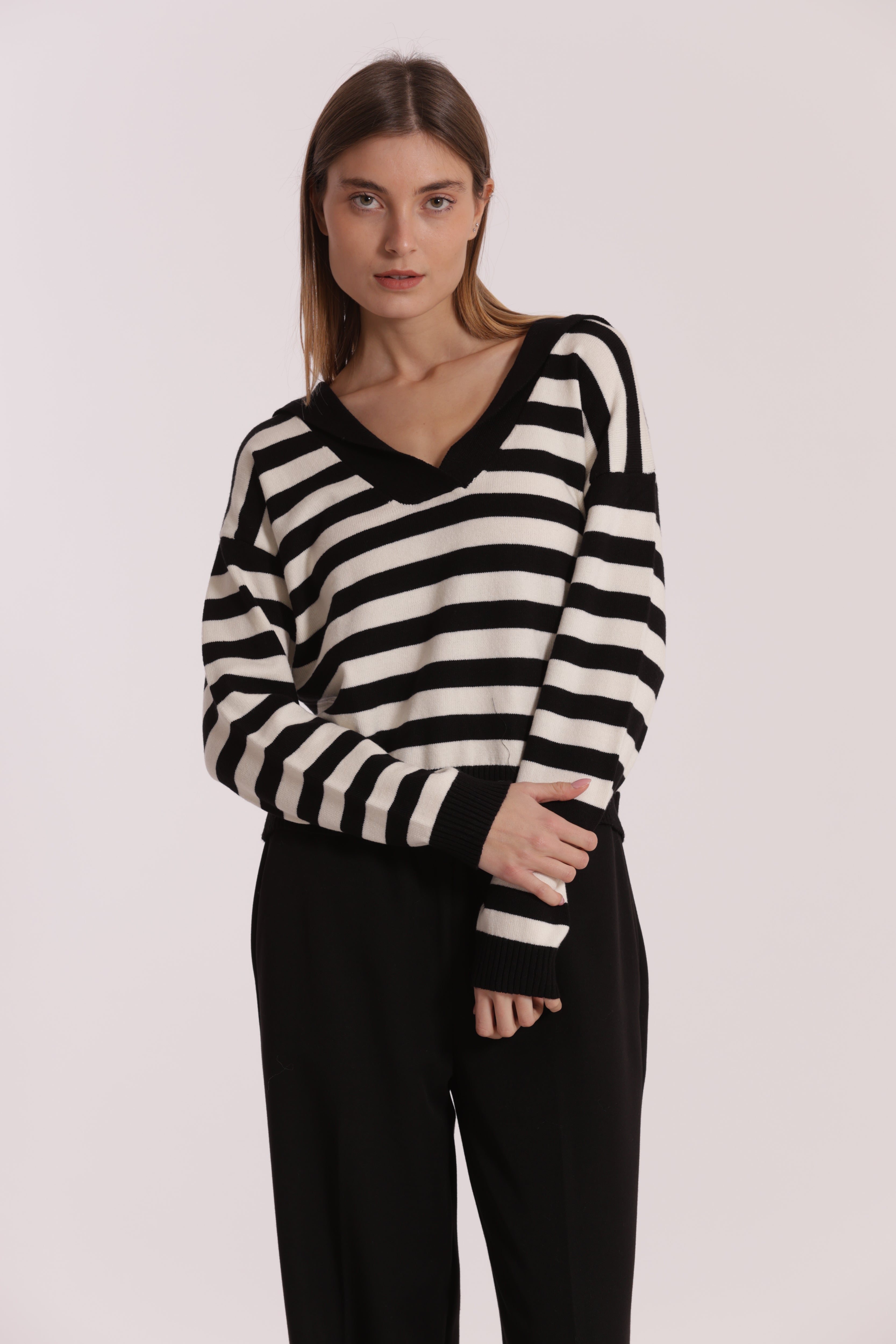 Mimi Mua maglia polo a righe nero bianco