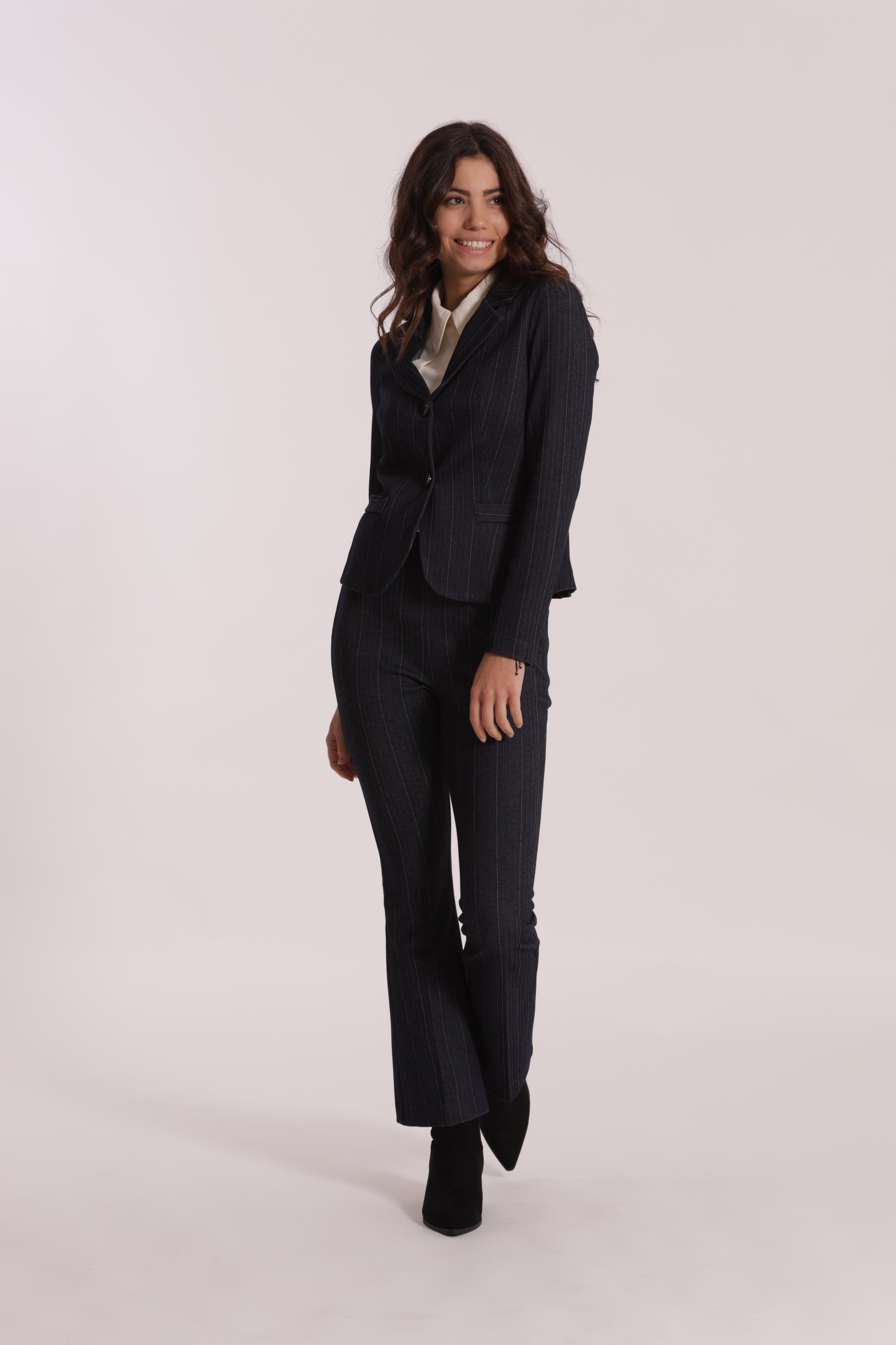 Mimi Mua Pantalone Flare Punto Milano Effetto Jeans Blu