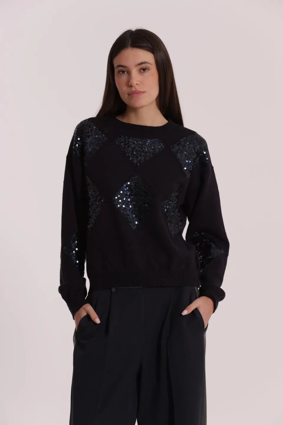 Mimi Mua Maglia Rombi Paillettes viscosa nera