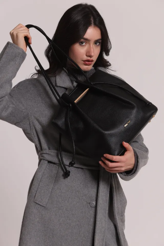 Mimi Mua Borsa Spalla Grande Lacci Lunghi Nero