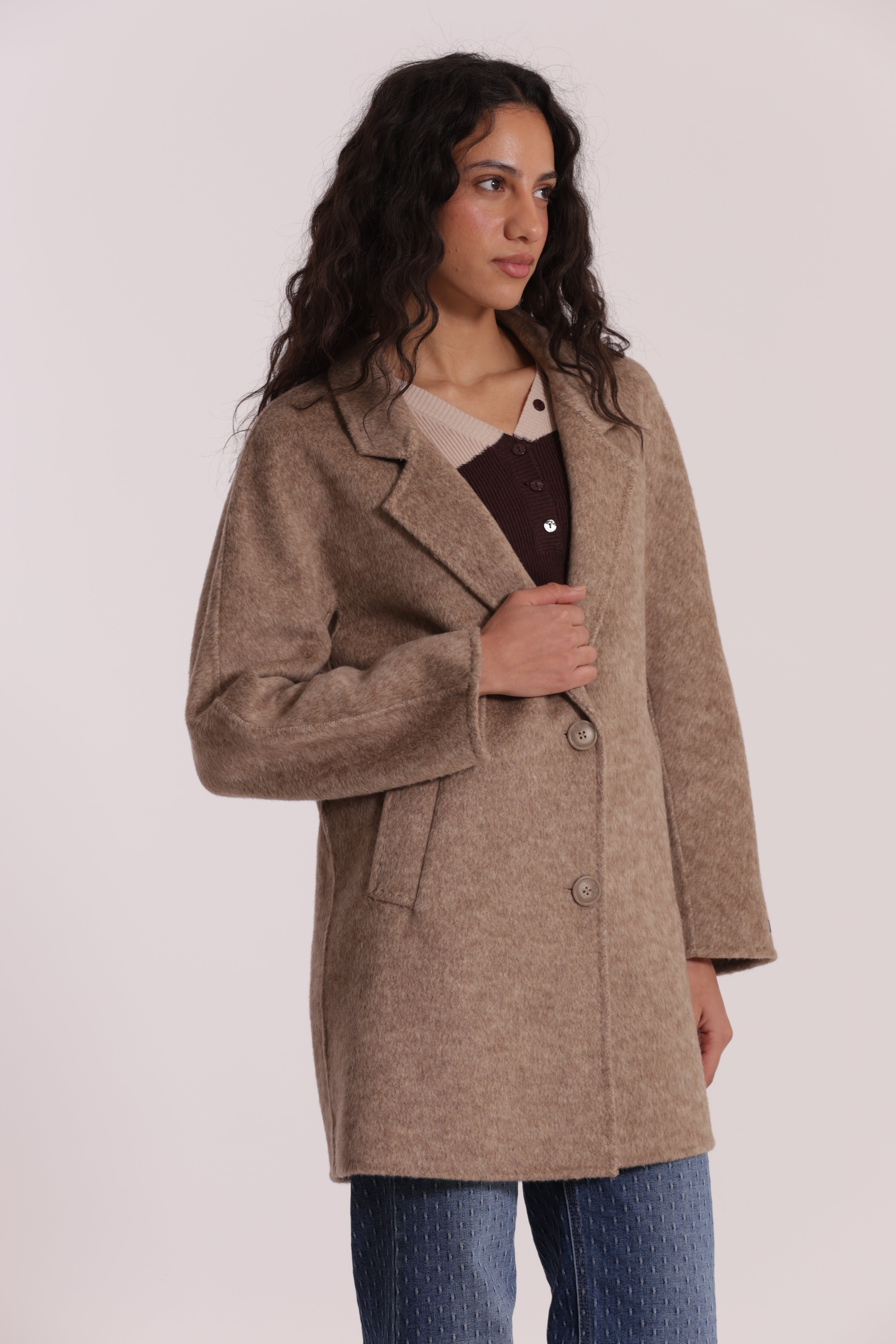 Mimi Mua Cappotto Corto Beige in misto lana