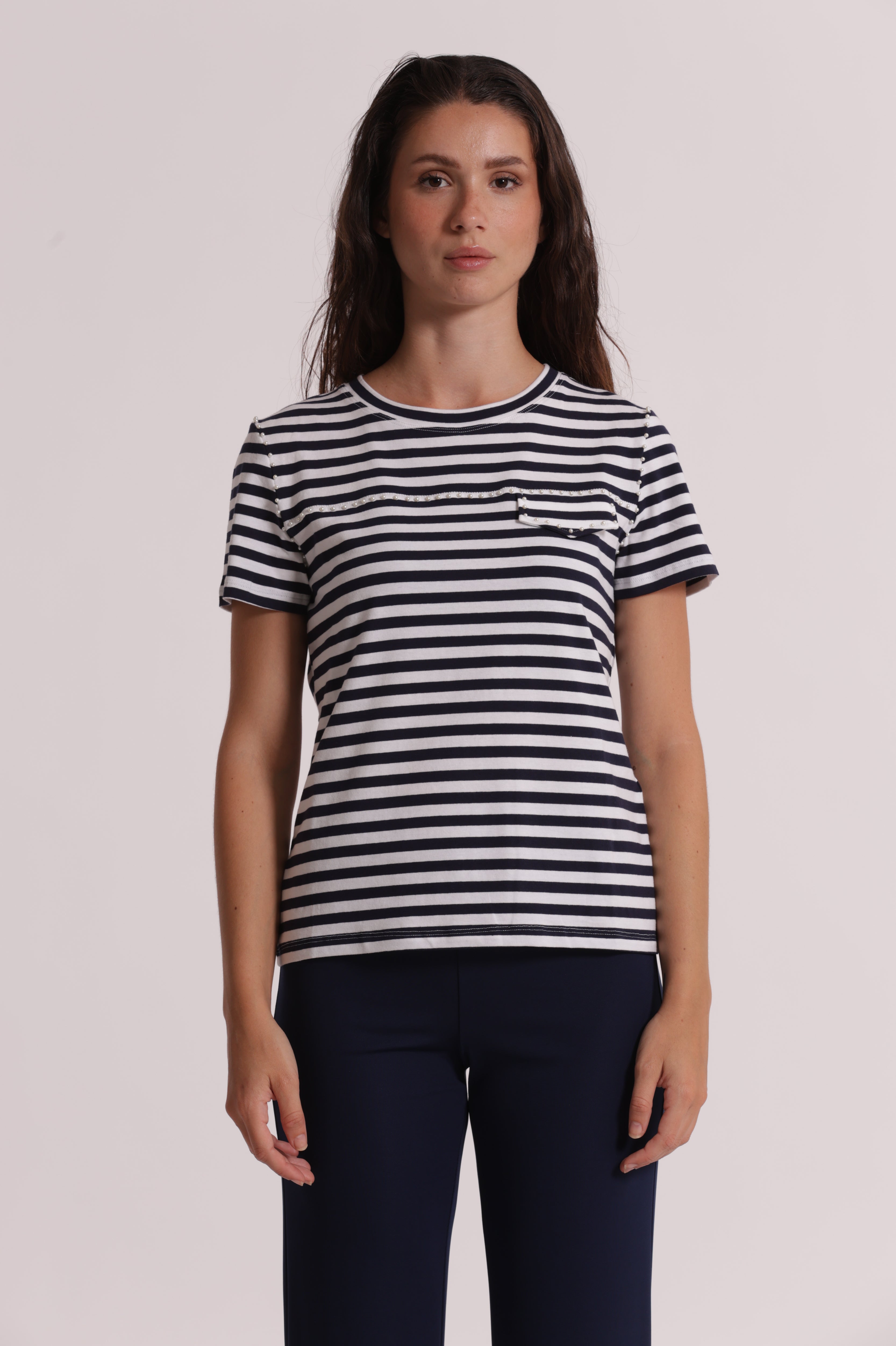 Mimi Mua T-Shirt a Righe con Borchie Blu