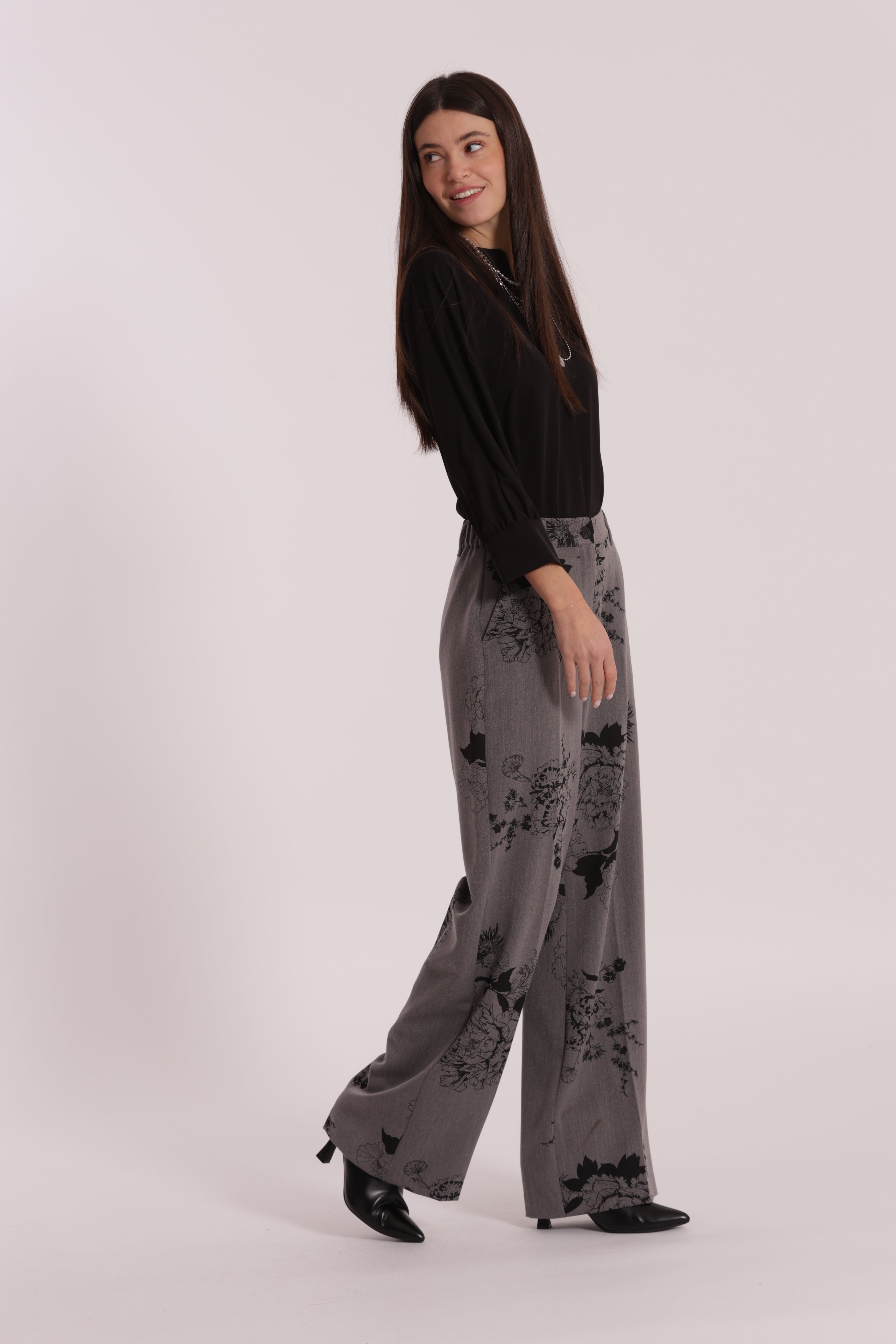 Mimi Mua Pantalone Palazzo Stampa Floreale Grigio