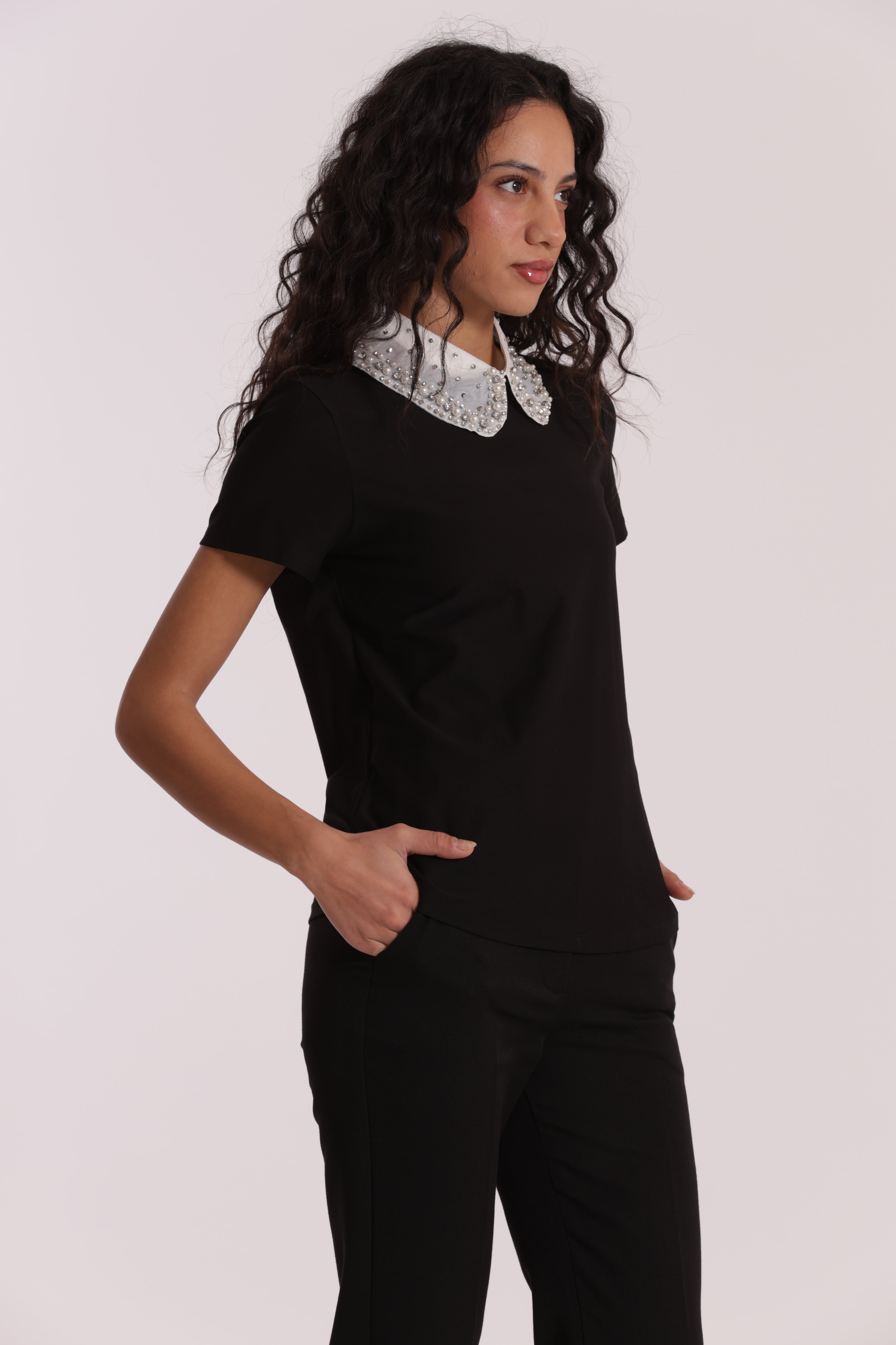 Mimi Mua con Colletto Decorato T-Shirt Bianco Cotone
