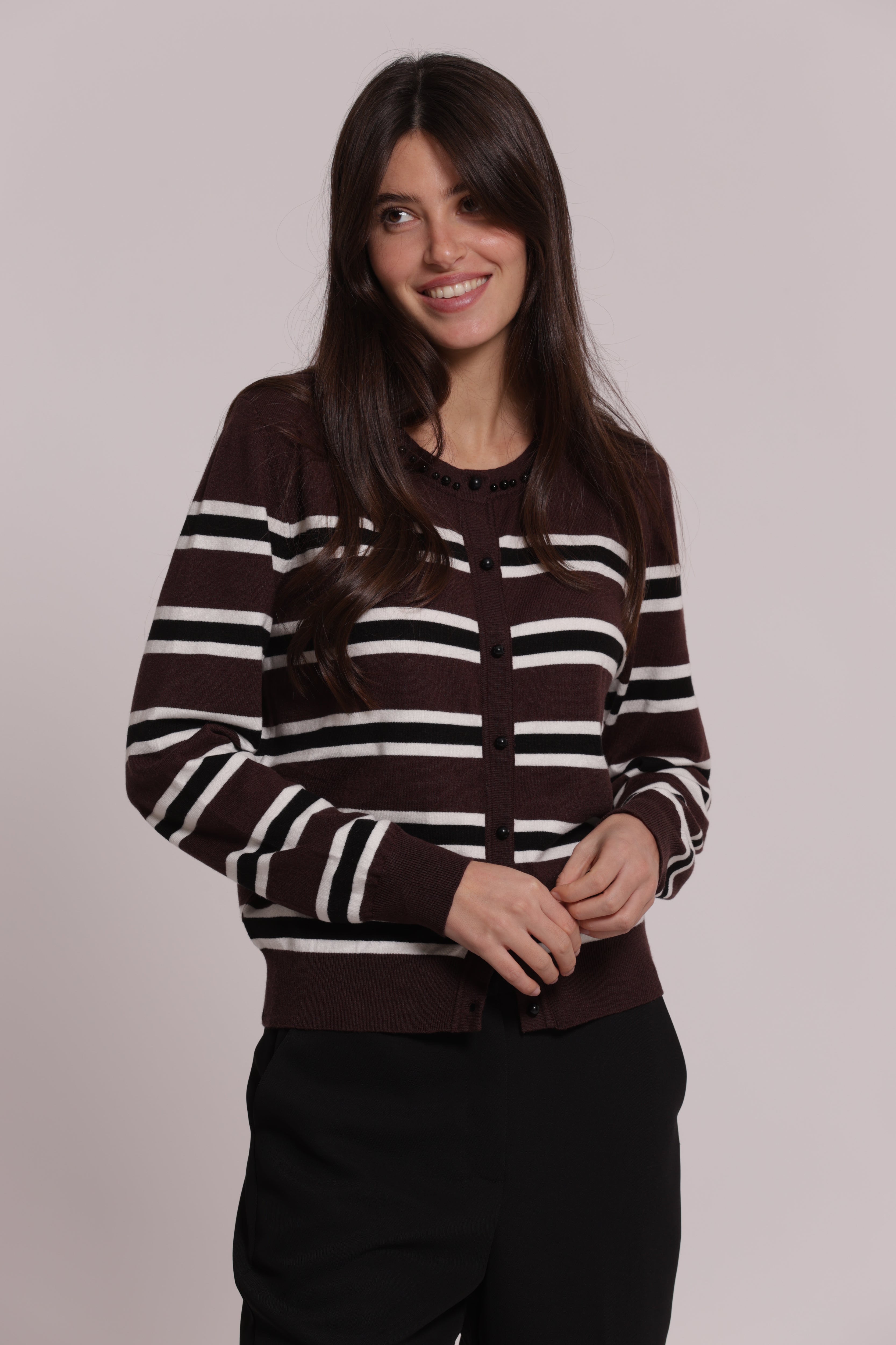 Mimi Mua Cardigan Righe Perle maglia moro