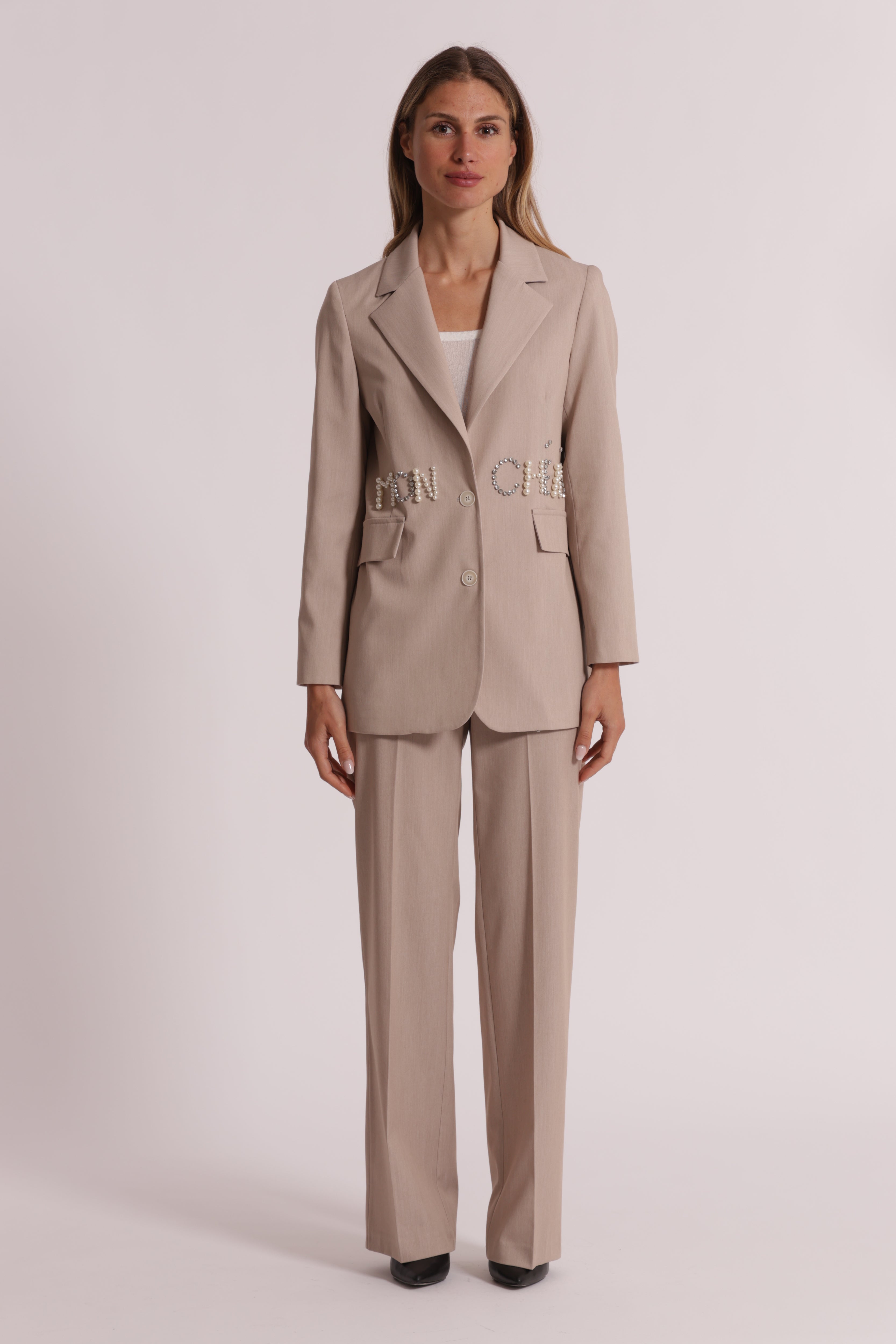 Mimi Mua giacca scritta frontale beige elasticizzata