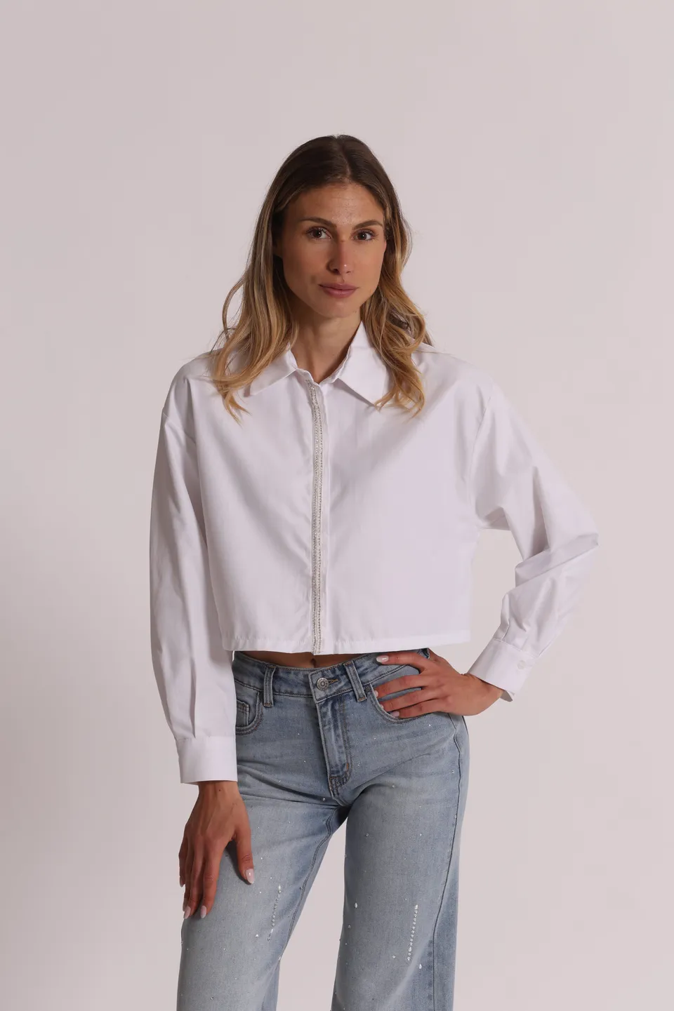Mimi Mua Camicia Cropped Bianco Cotone Misto
