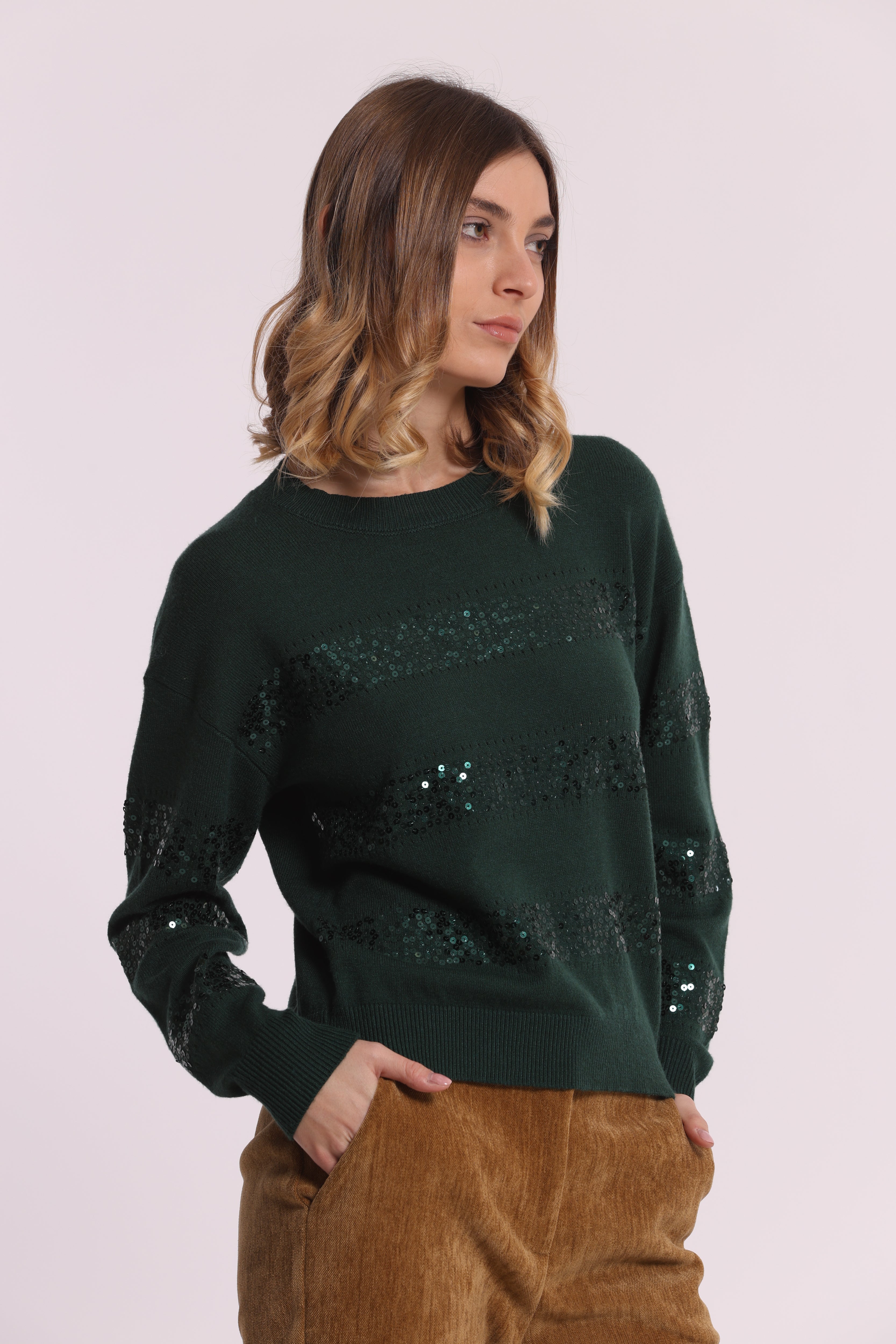 Mimi Mua Scollo Tondo Righe Paillettes Maglia Nero