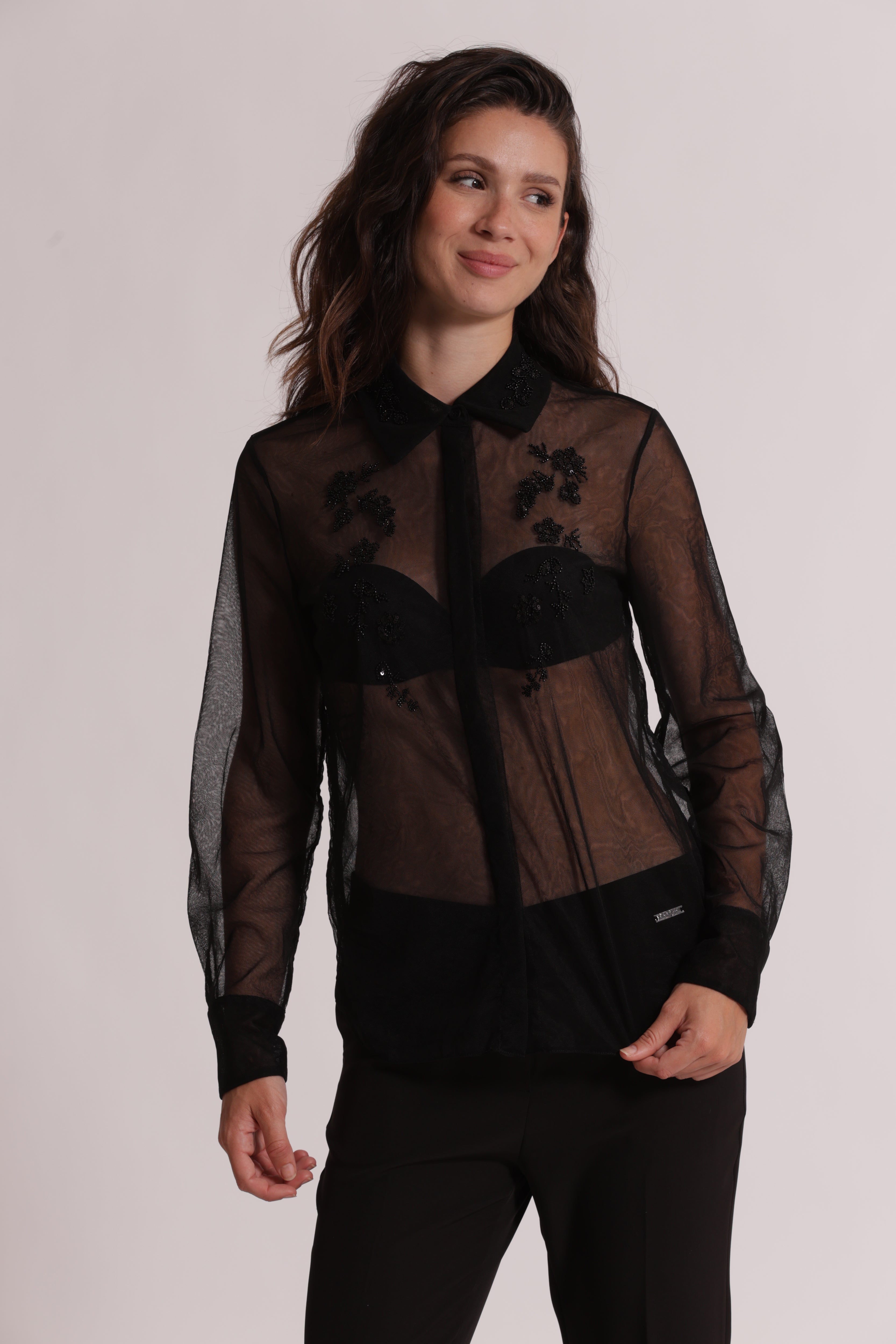 Mimi Mua Camicia Tulle Trasparente Perline Nero