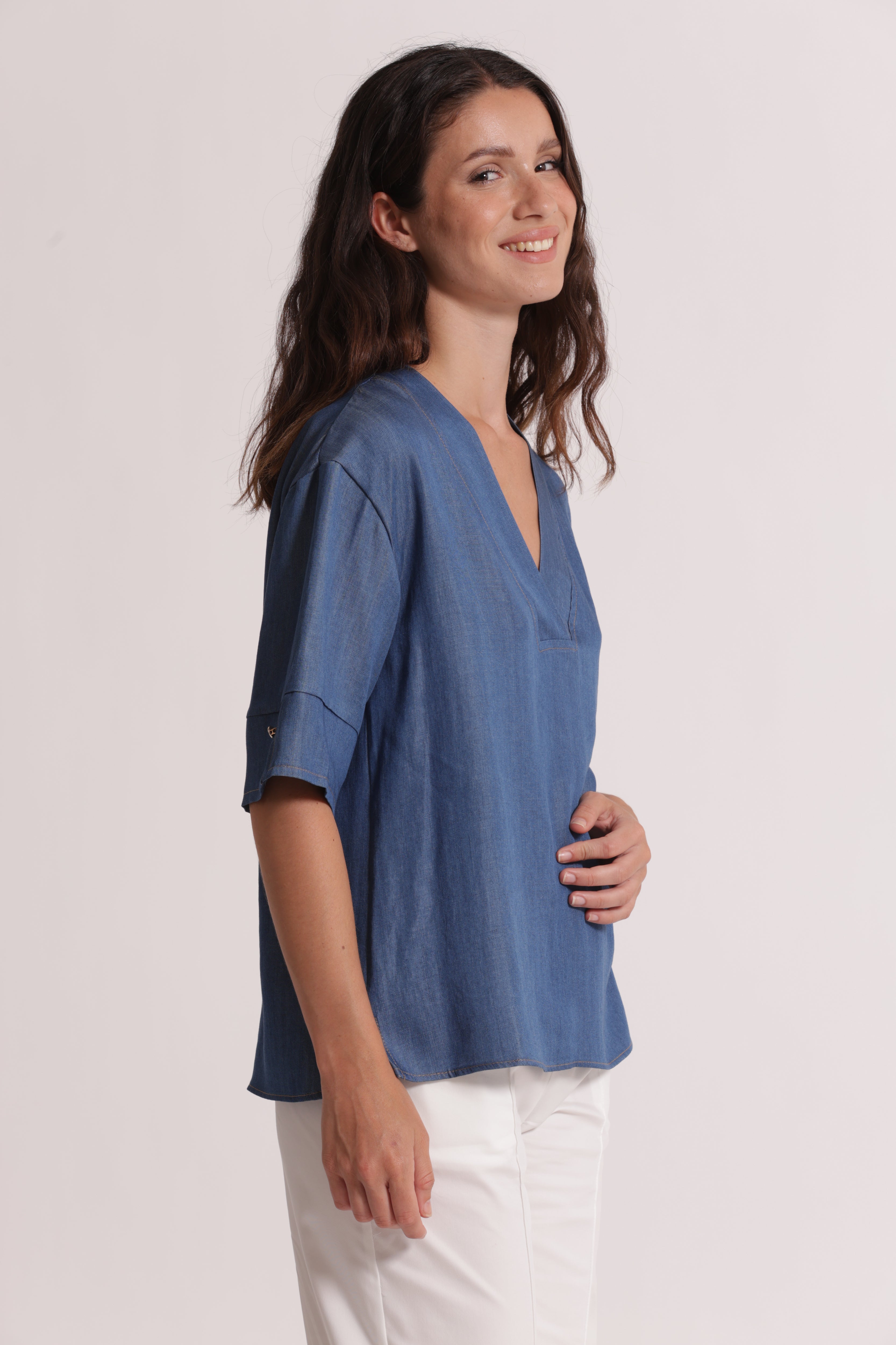 Mimi Mua Blusa Maniche Corte Denim Lyocell