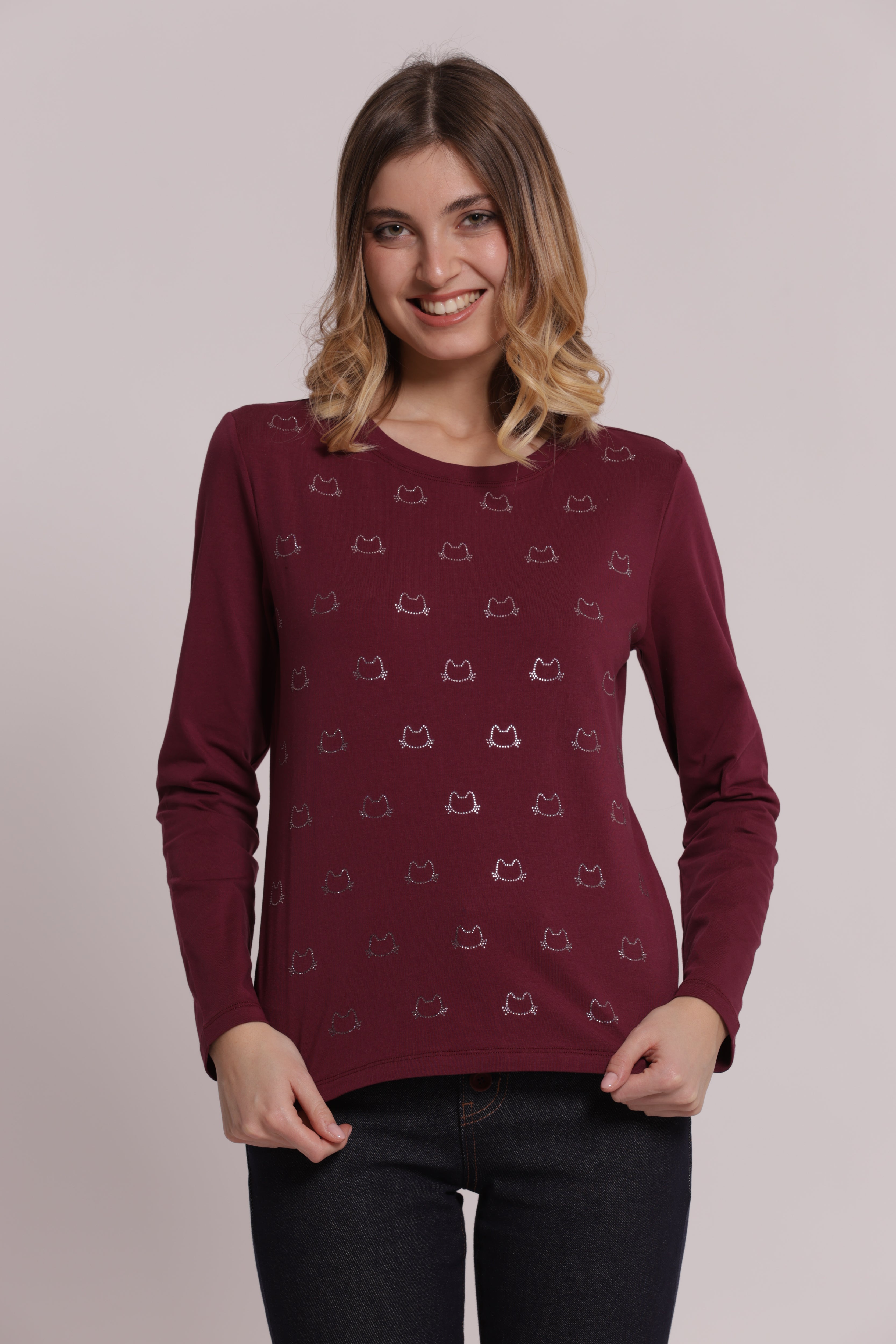 Mimi Mua T-shirt Scollo V Gatti Strass Maniche Lunghe