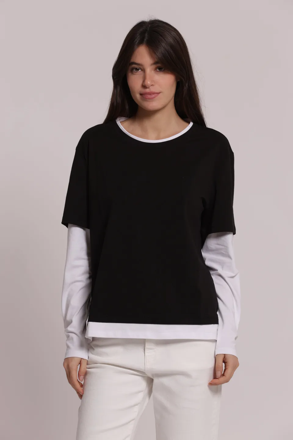 Mimi Mua T-Shirt Doppia Maniche Lunghe Nero Bianco
